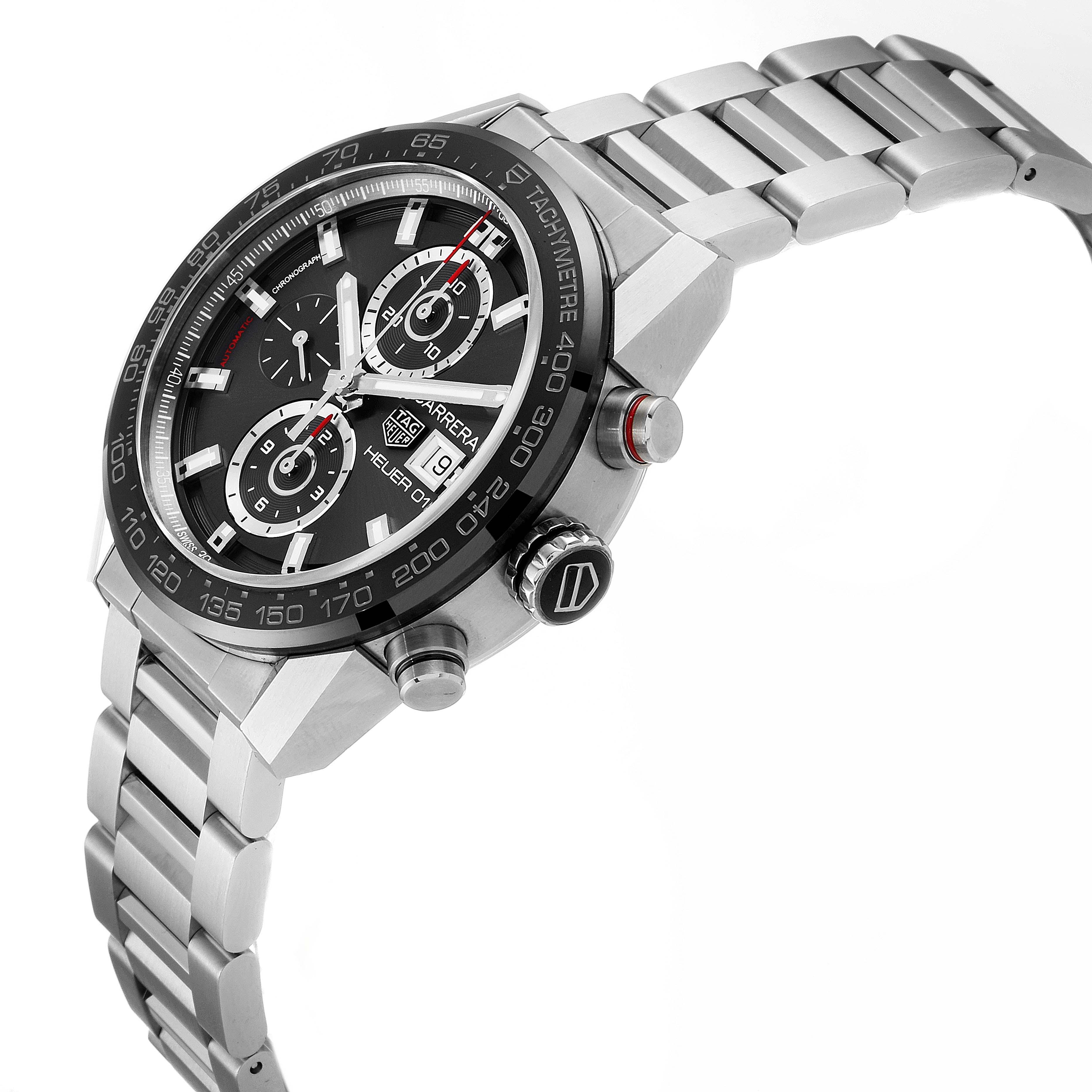 The Tag Heuer Carrera CAR201W.BA0714 Men
s Stainless Steel Black Dial CAR201W.BA0714 Men
s Stainless Steel Black Dial watch is shown at an angle emphasizing the bezel, dial, chronograph pushers, and bracelet.