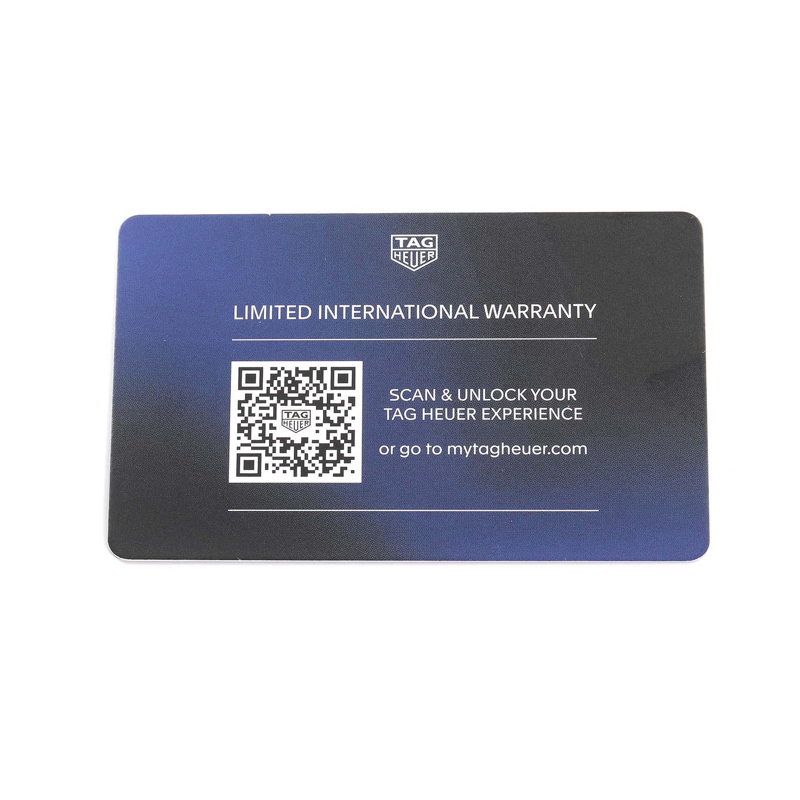 This image shows a Tag Heuer Carrera CBN201D.FC6543 Men's Stainless Steel Blue Dial warranty card with QR code, viewed from above.