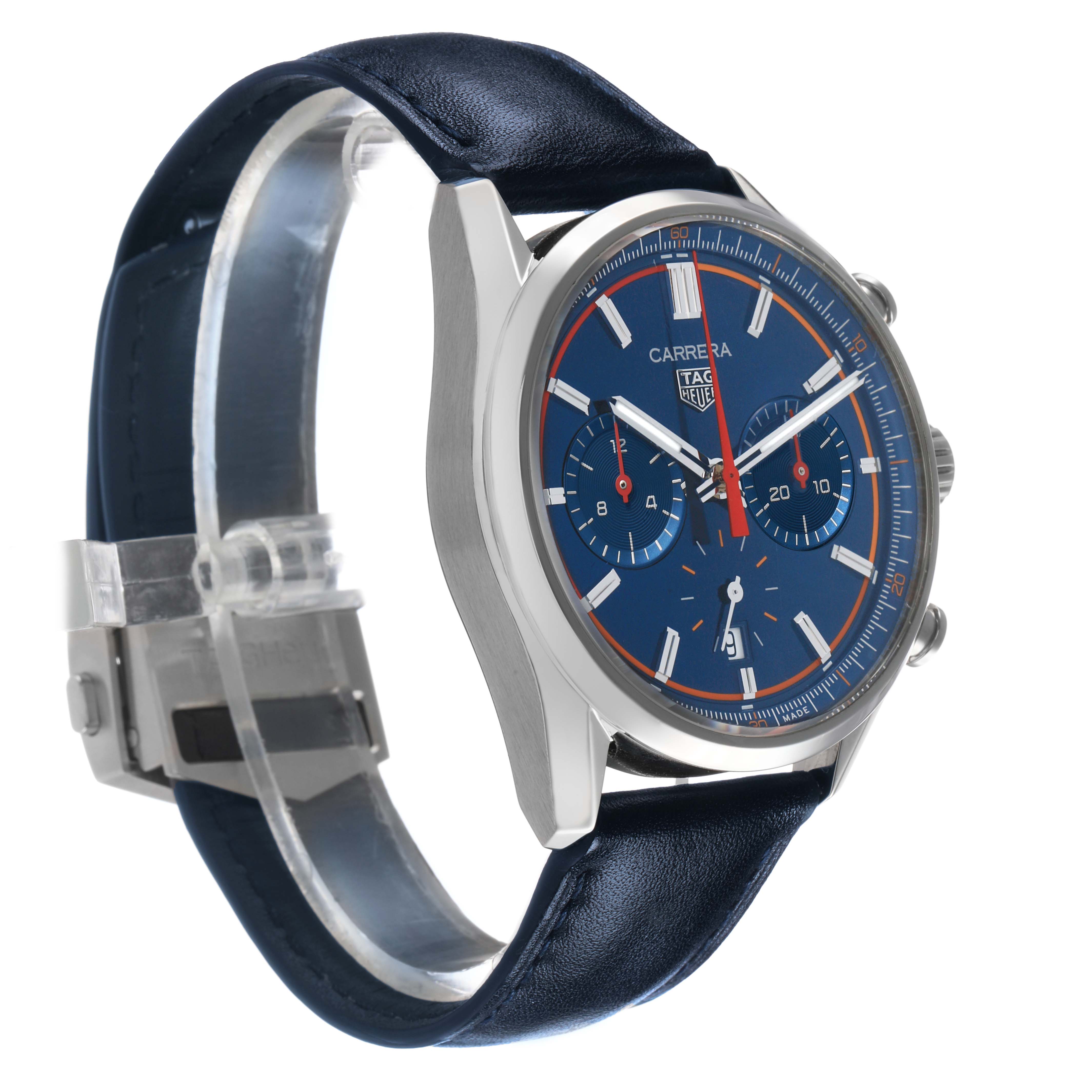 The Tag Heuer Carrera CBN201D.FC6543 Men's Stainless Steel Blue Dial watch is shown at a three-quarter angle, highlighting its blue dial, subdials, and leather strap.