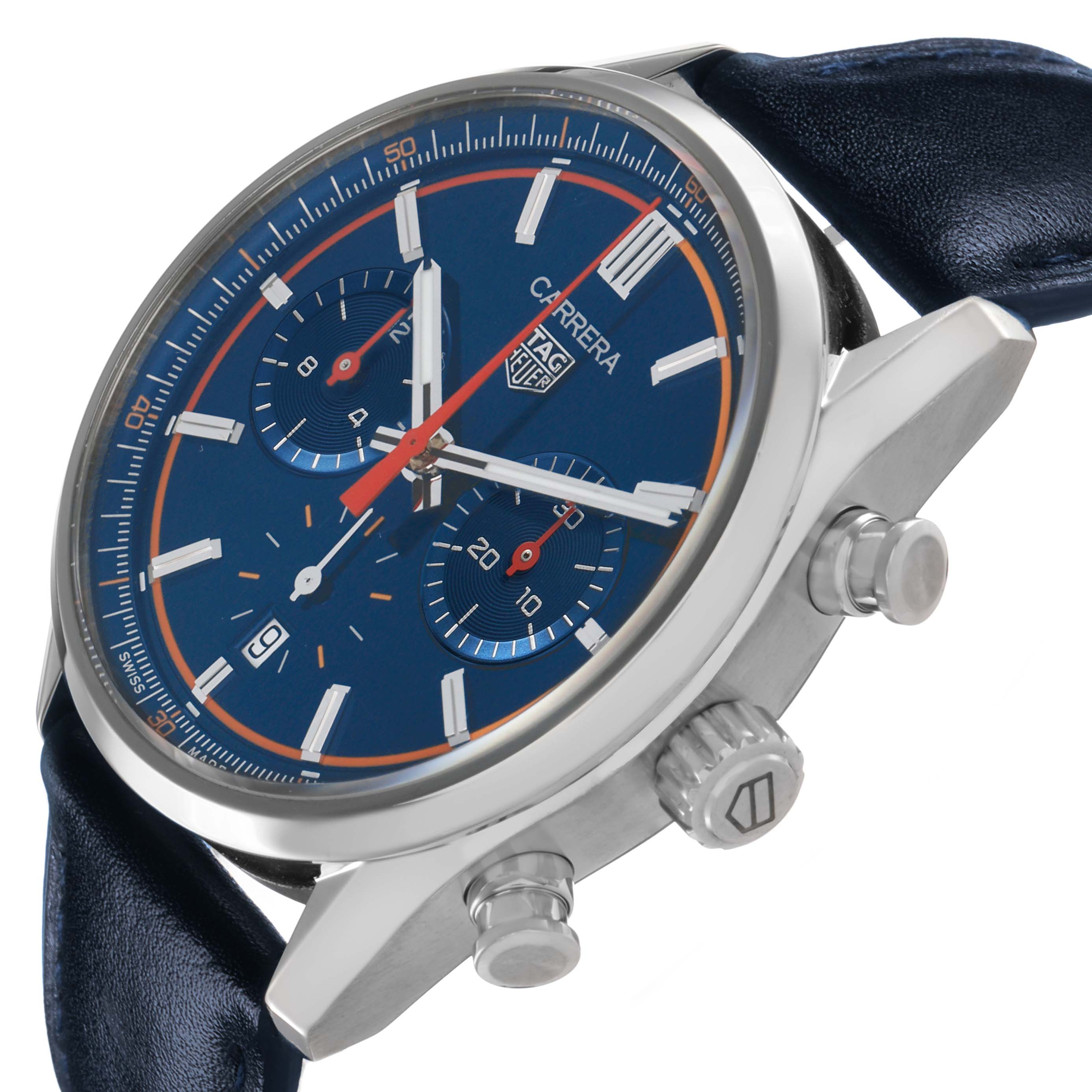 The Tag Heuer Carrera CBN201D.FC6543 Men's Stainless Steel Blue Dial watch is shown at an angle highlighting the face, crown, pushers, and part of the leather strap.