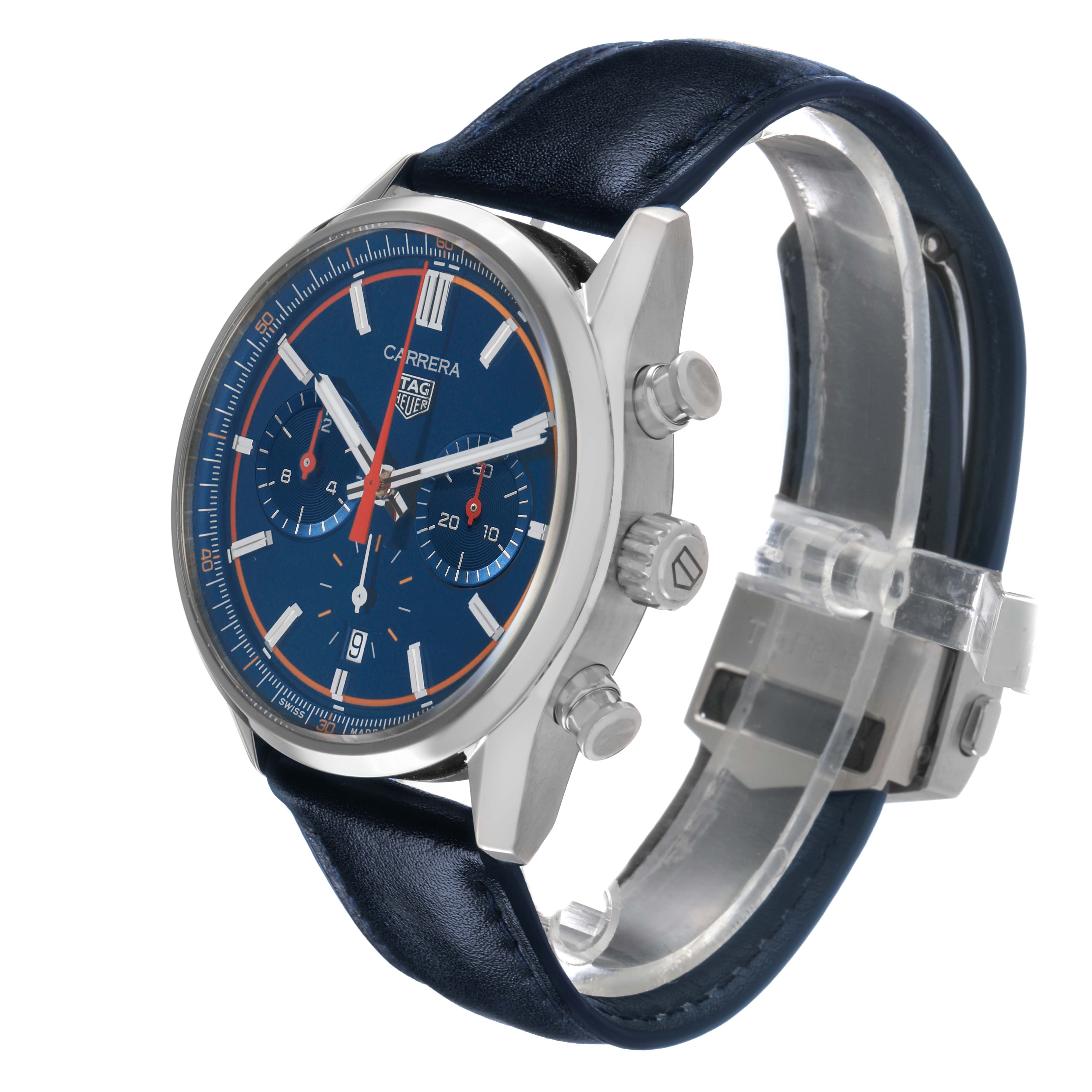 The Tag Heuer Carrera CBN201D.FC6543 Men's Stainless Steel Blue Dial watch is shown from a front-side angle, highlighting the dial, bezel, crown, pushers, and leather strap.