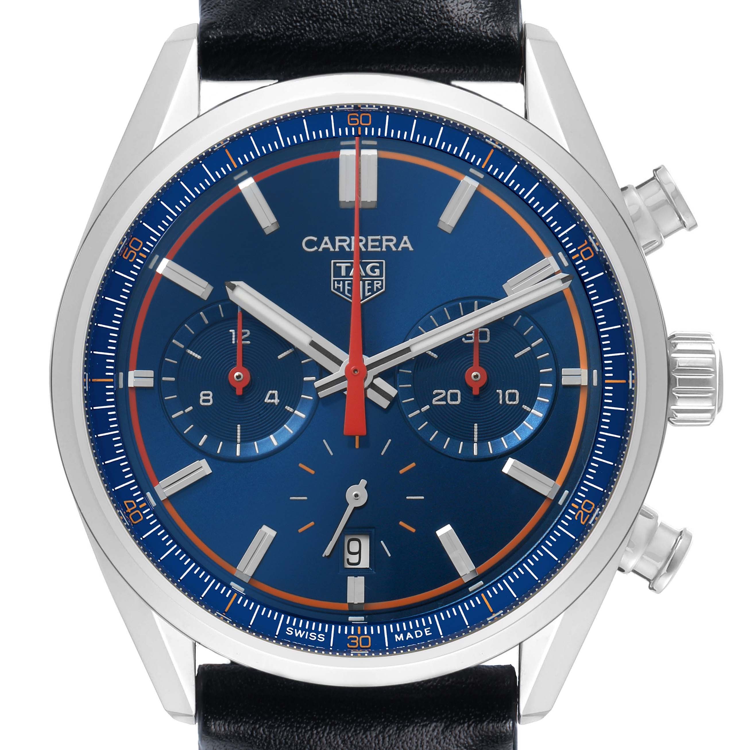 The image shows a frontal view of a Tag Heuer Carrera CBN201D.FC6543 Men's Stainless Steel Blue Dial watch, highlighting its blue dial, subdials, and crown.