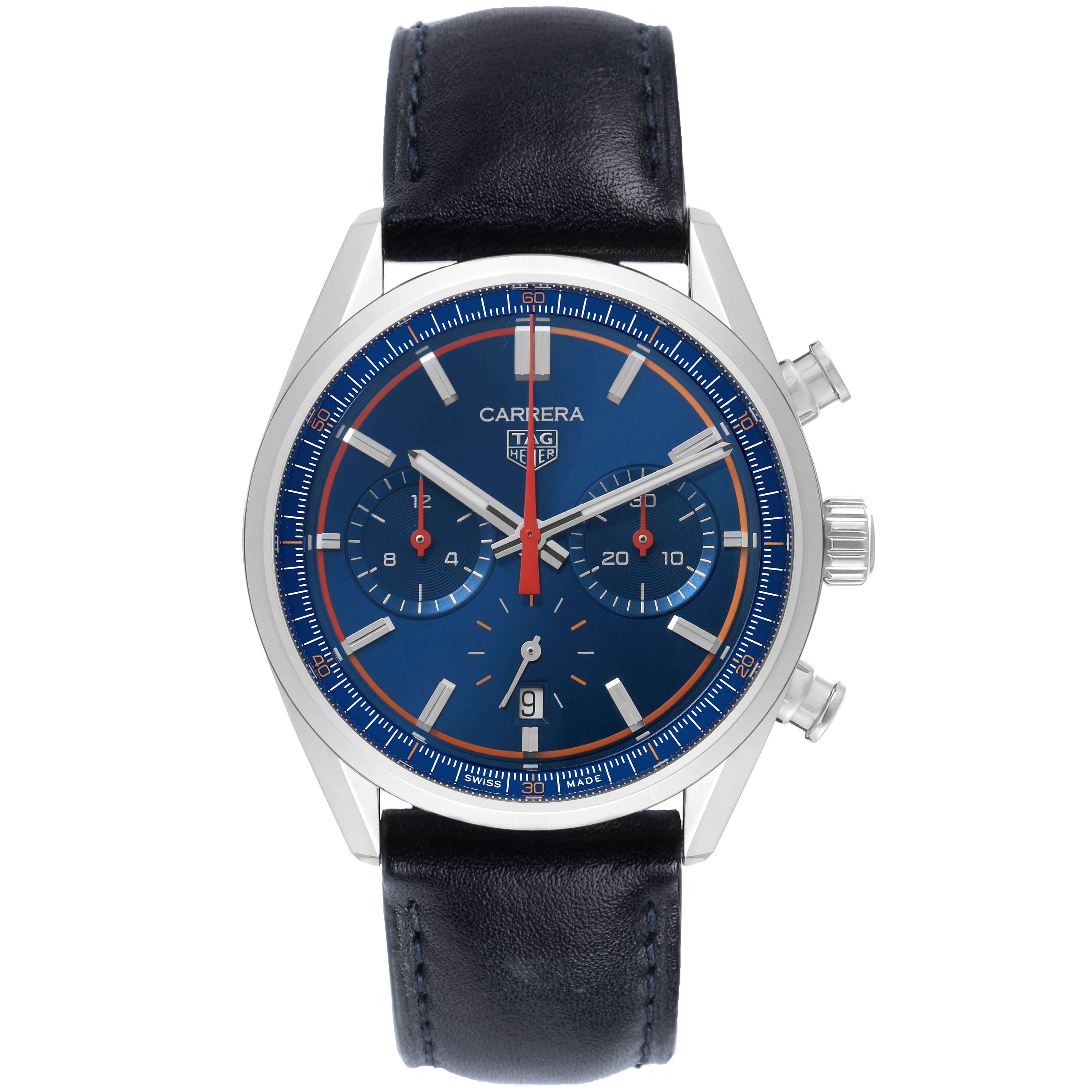 The Tag Heuer Carrera CBN201D.FC6543 Men's Stainless Steel Blue Dial watch is shown from a front angle, displaying the dial, subdials, crown, and leather strap.