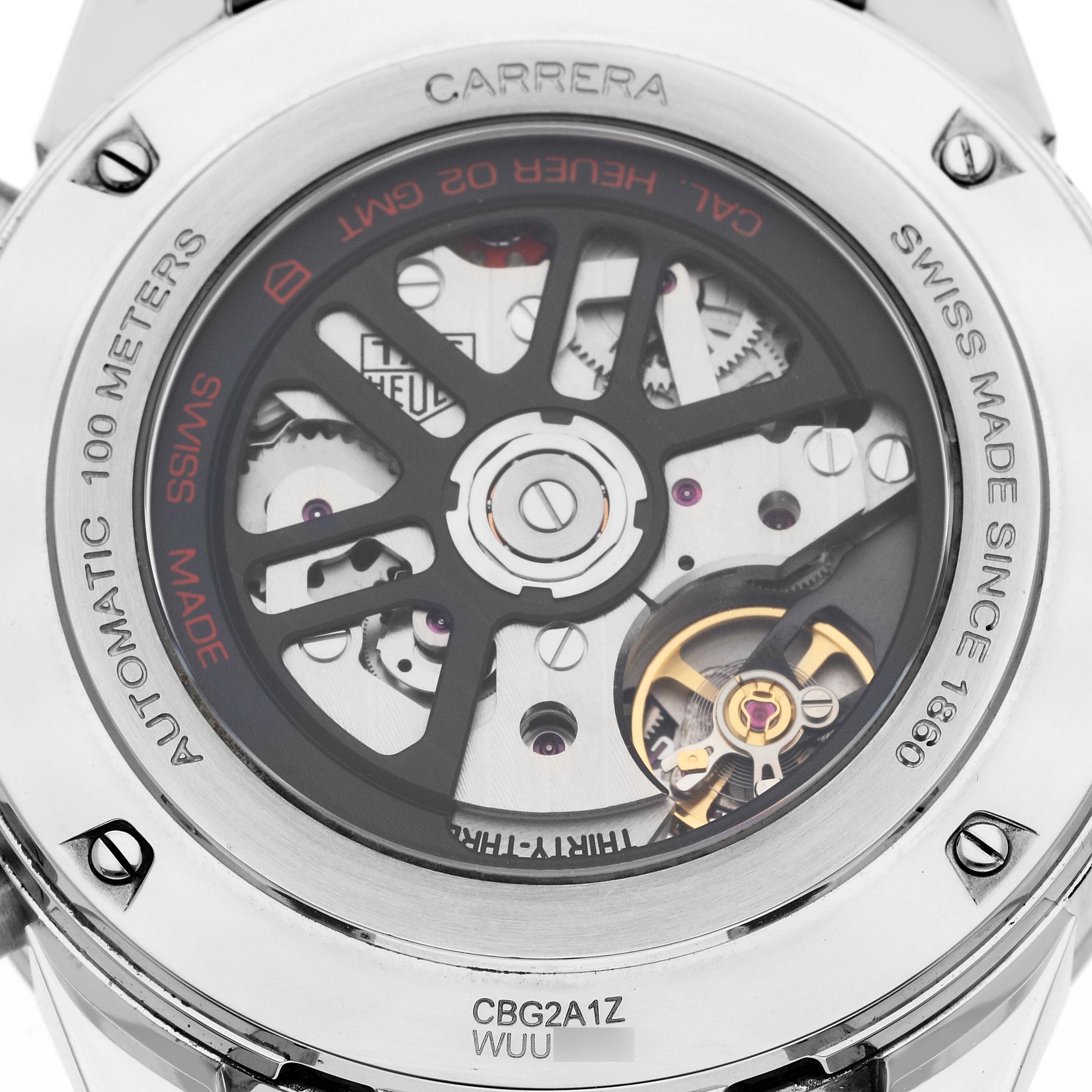 The image shows the back view of a Tag Heuer Carrera CBG2A1Z.BA0658 Men's Stainless Steel Black Dial CBG2A1Z.BA0658 Men's Stainless Steel Black Dial watch, revealing its intricate automatic movement mechanism.