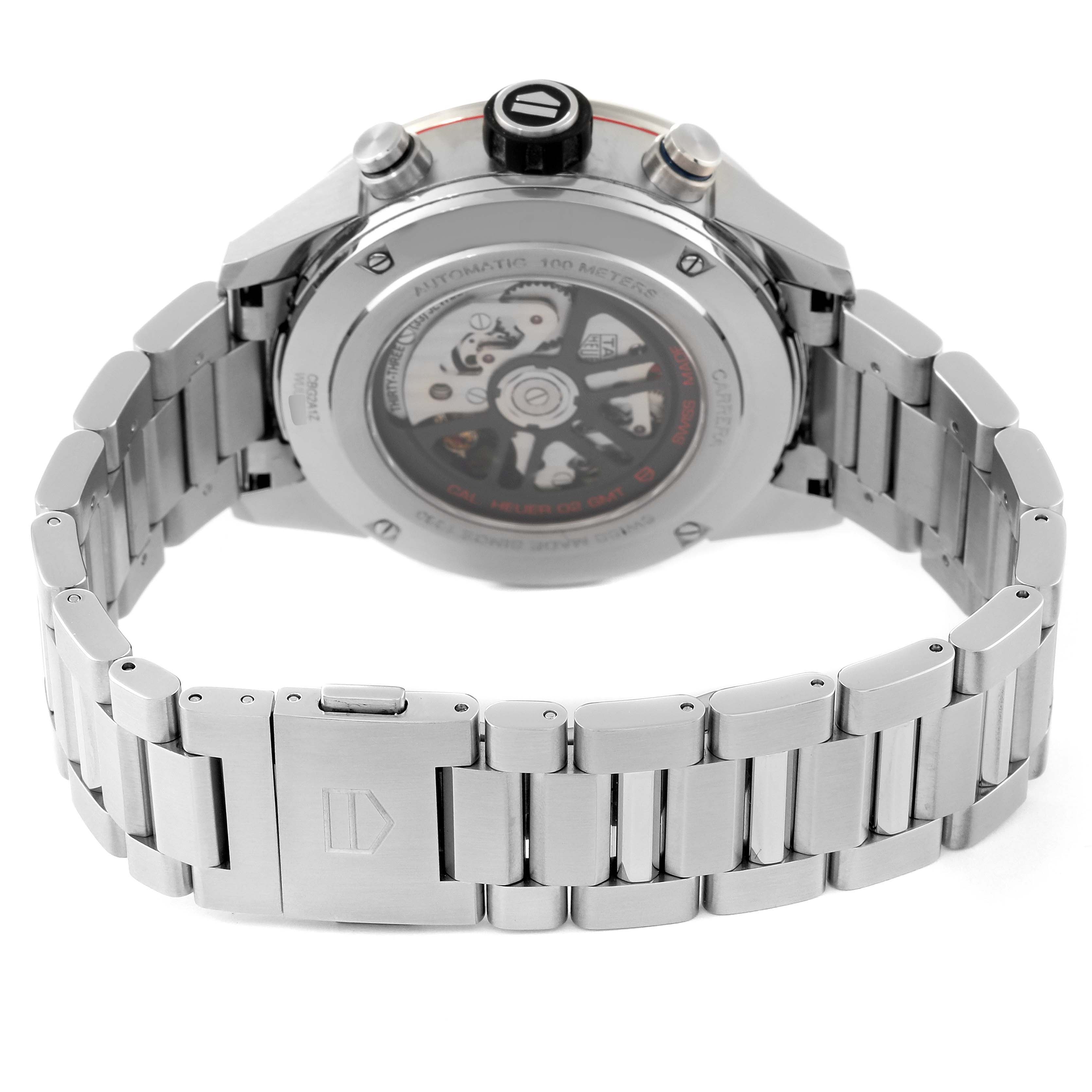 This image shows the back view of a Tag Heuer Carrera CBG2A1Z.BA0658 Men's Stainless Steel Black Dial CBG2A1Z.BA0658 Men's Stainless Steel Black Dial watch, highlighting its case back and stainless steel bracelet.