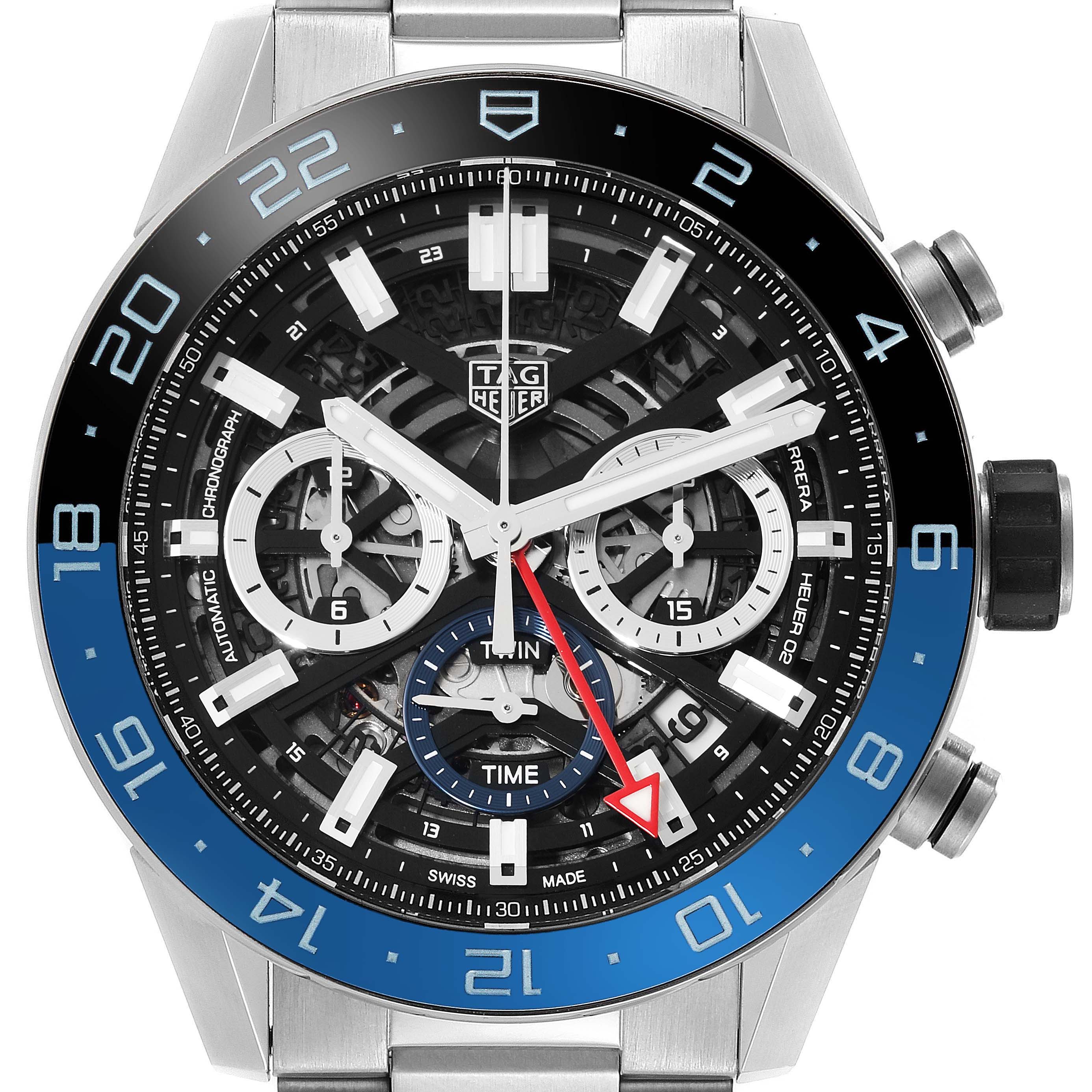 This image shows a front view of the Tag Heuer Carrera CBG2A1Z.BA0658 Men's Stainless Steel Black Dial CBG2A1Z.BA0658 Men's Stainless Steel Black Dial watch, highlighting its face, bezel, and chronograph subdials.