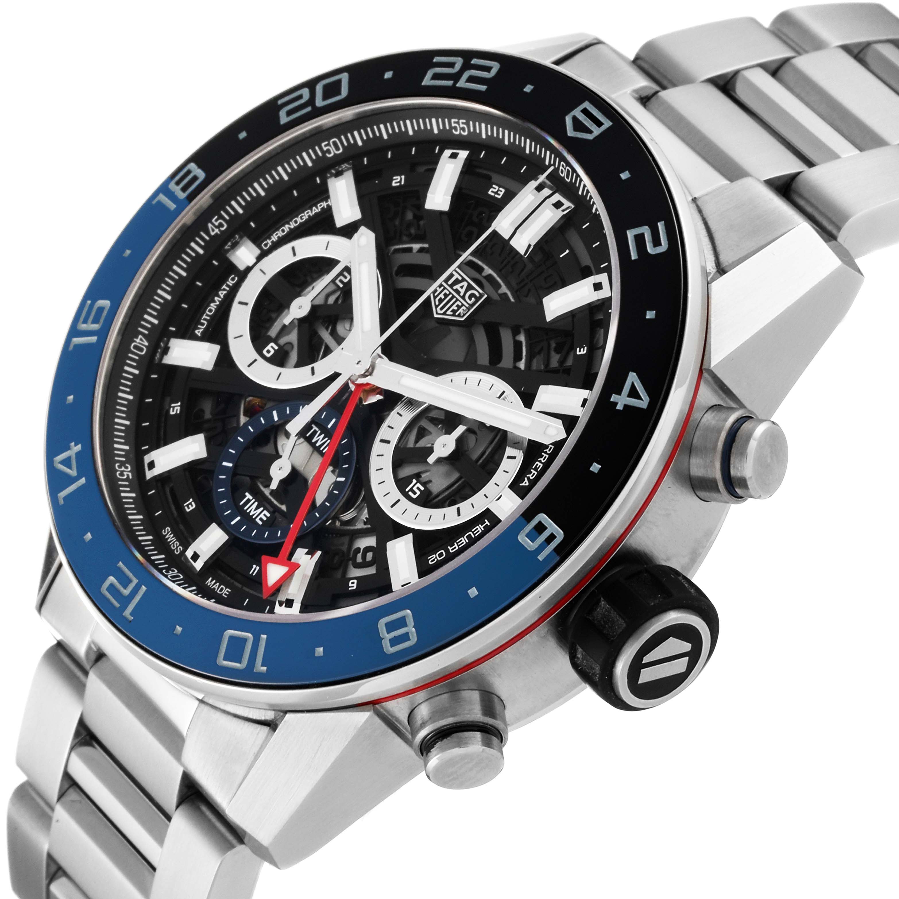 This image shows a close-up angled view of the face and side of the Tag Heuer Carrera CBG2A1Z.BA0658 Men's Stainless Steel Black Dial CBG2A1Z.BA0658 Men's Stainless Steel Black Dial model watch, highlighting its dial and crown.