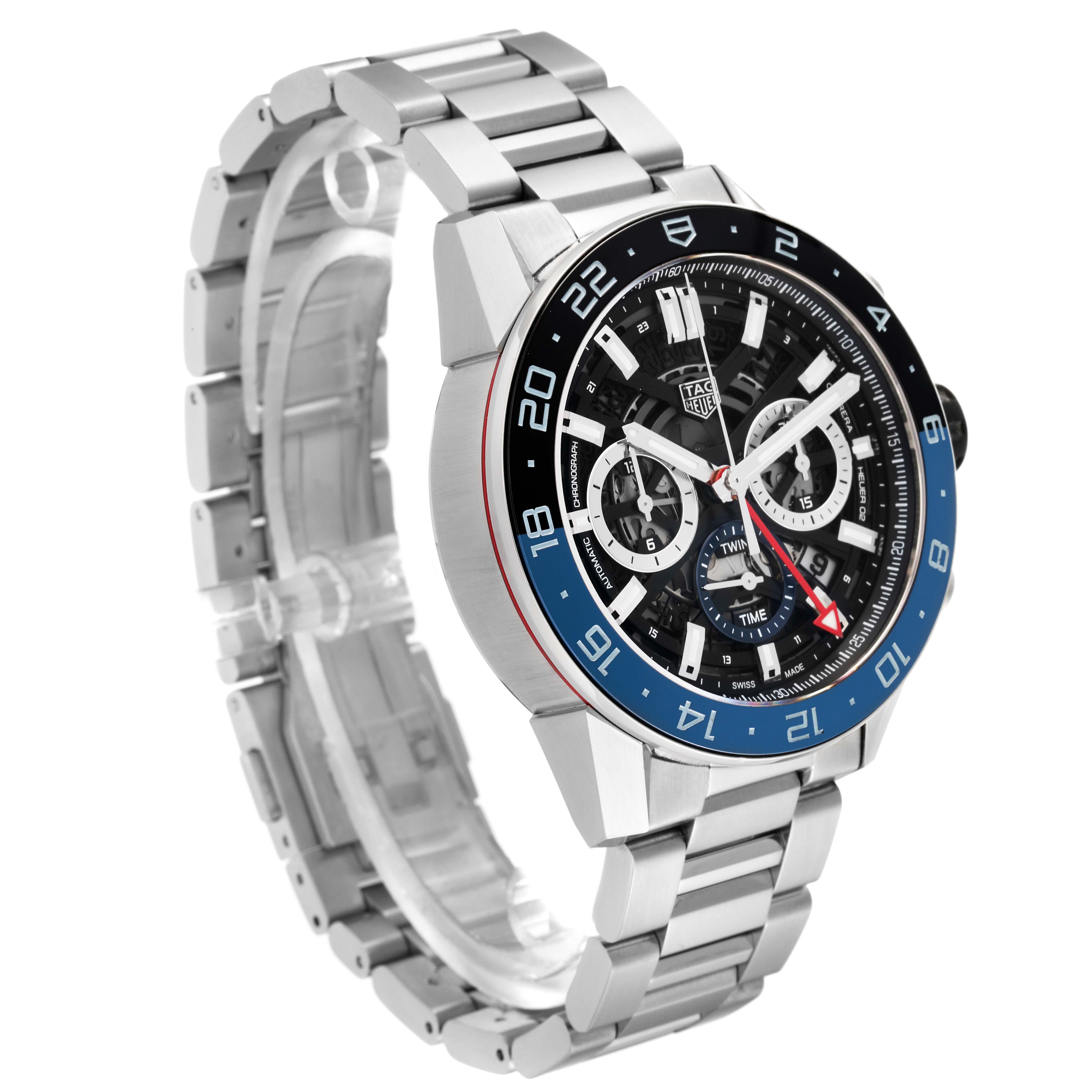 The Tag Heuer Carrera CBG2A1Z.BA0658 Men's Stainless Steel Black Dial CBG2A1Z.BA0658 Men's Stainless Steel Black Dial watch is shown at a three-quarter angle, highlighting its face, bezel, and stainless steel bracelet.