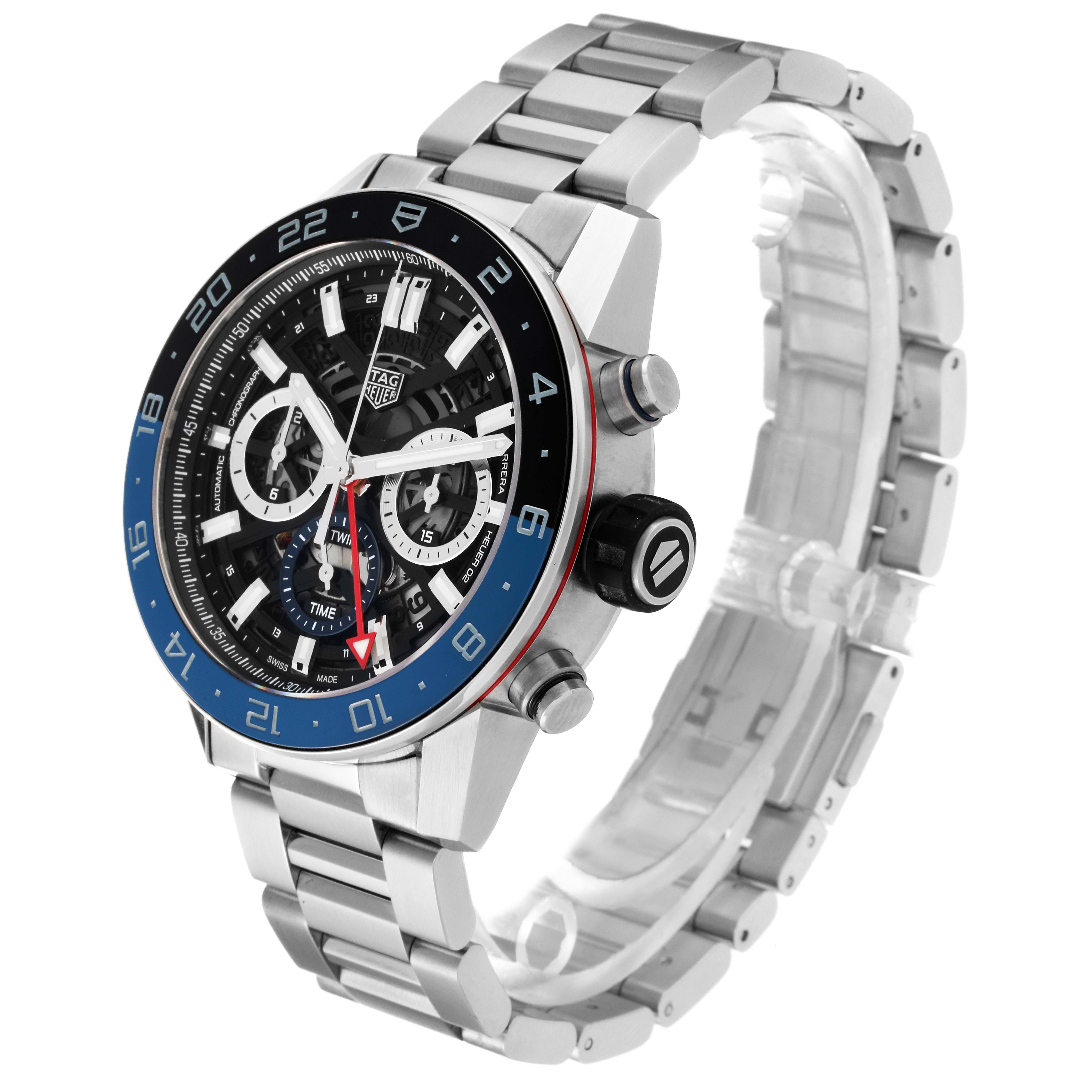 The Tag Heuer Carrera CBG2A1Z.BA0658 Men's Stainless Steel Black Dial CBG2A1Z.BA0658 Men's Stainless Steel Black Dial watch is shown at a three-quarter angle, highlighting the face, bezel, buttons, and metal bracelet.