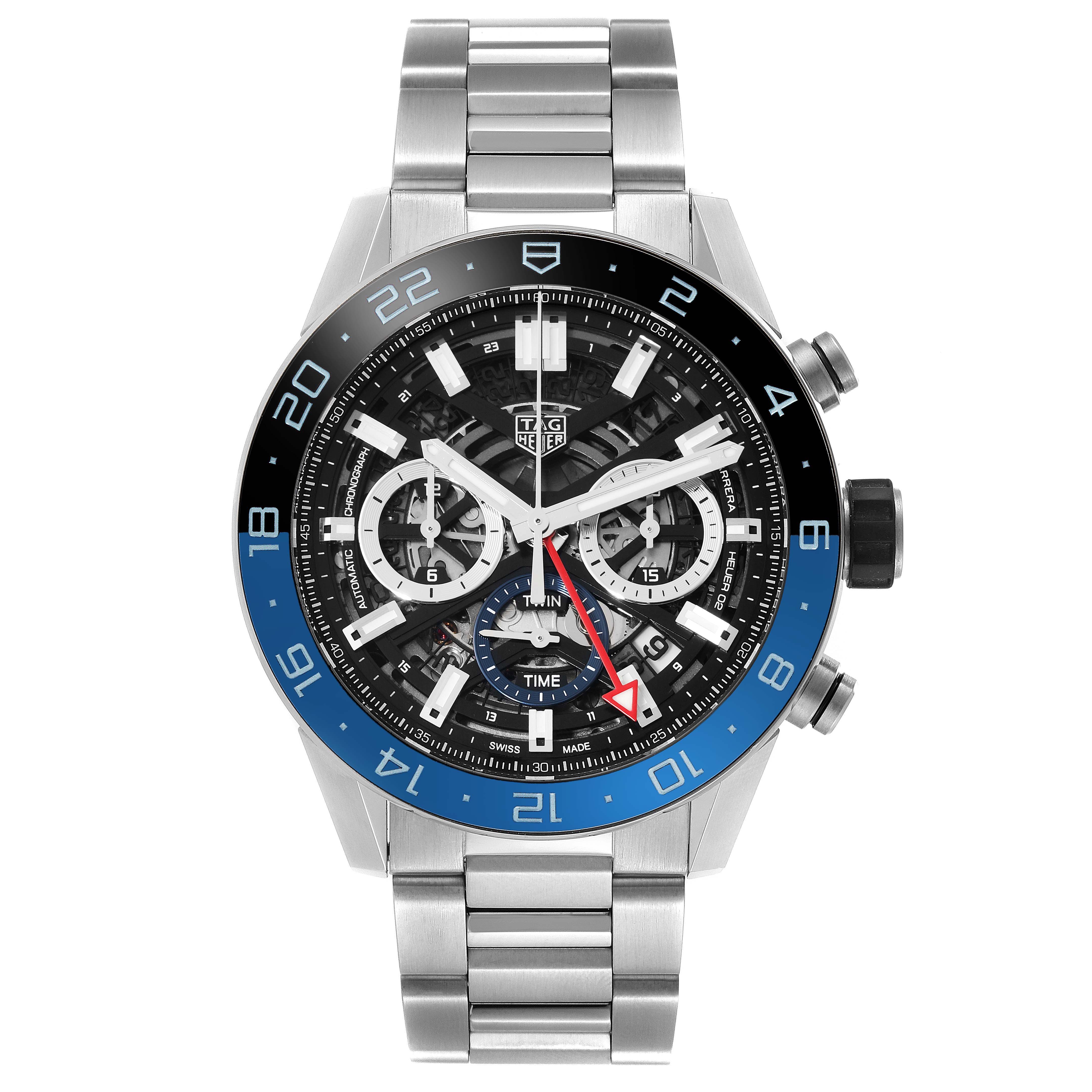 The image shows a front view of a Tag Heuer Carrera CBG2A1Z.BA0658 Men's Stainless Steel Black Dial CBG2A1Z.BA0658 Men's Stainless Steel Black Dial watch, featuring its face, hands, dials, and metal bracelet.