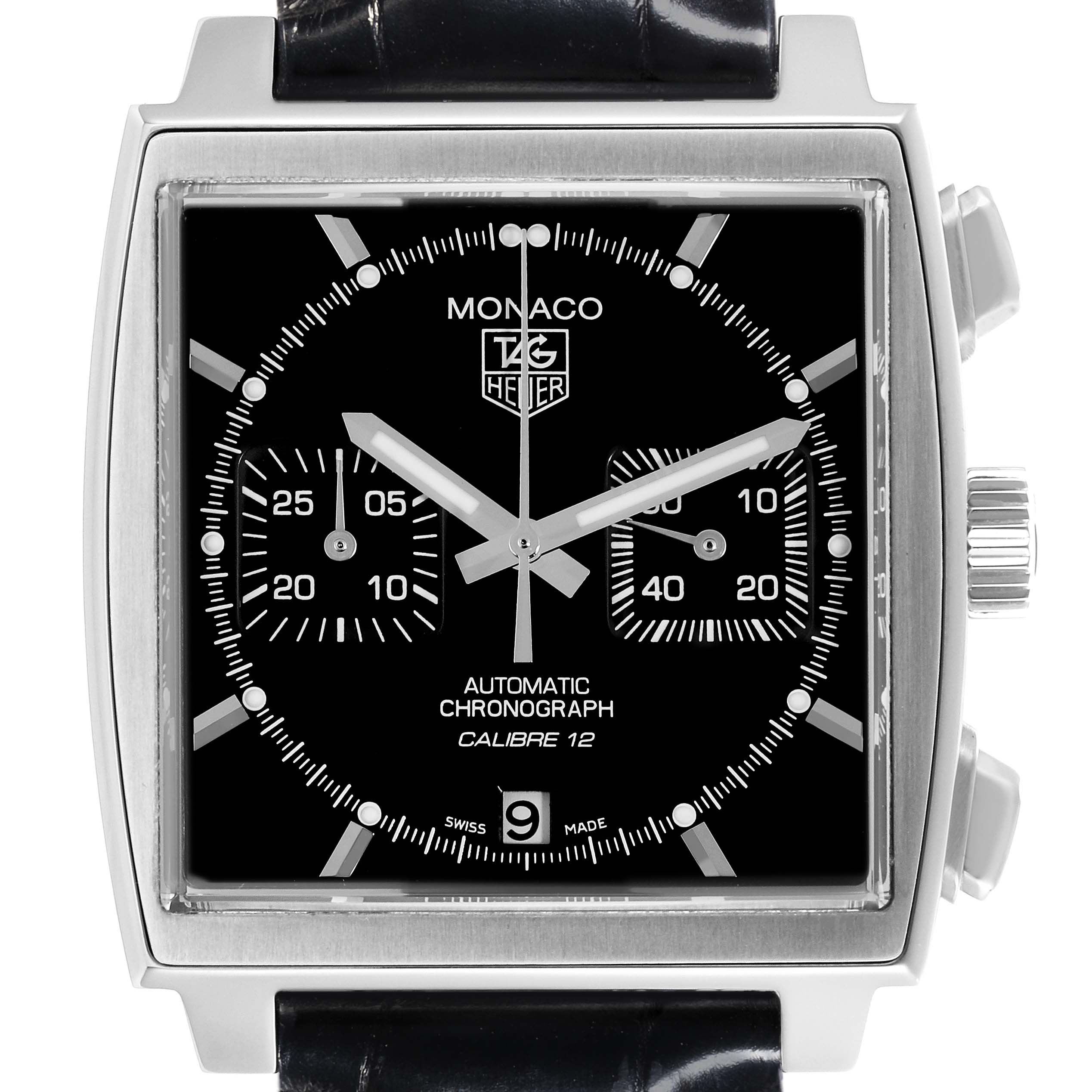 The Tag Heuer Monaco CAW2110.FC6177 Men's Stainless Steel Black Dial CAW2110.FC6177 Men's Stainless Steel Black Dial watch is shown from the front, highlighting its square face, chronograph dials, and date window.