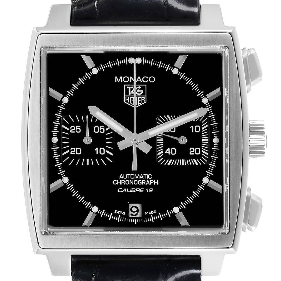 The Tag Heuer Monaco watch is shown from the front, highlighting its square face, chronograph dials, and date window.