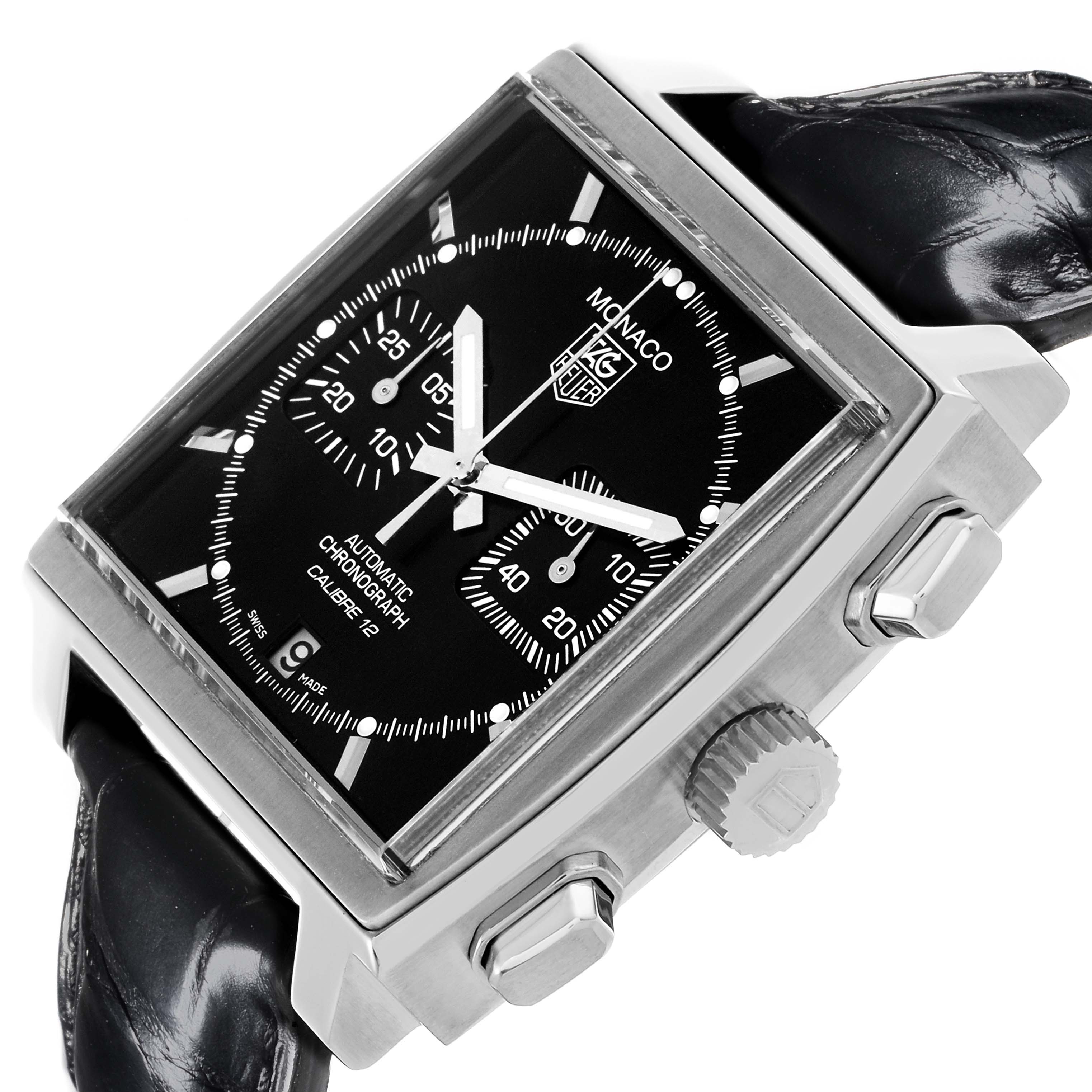 The Tag Heuer Monaco CAW2110.FC6177 Men's Stainless Steel Black Dial CAW2110.FC6177 Men's Stainless Steel Black Dial watch is shown in a tilted angle, displaying the face, crown, and pushers.