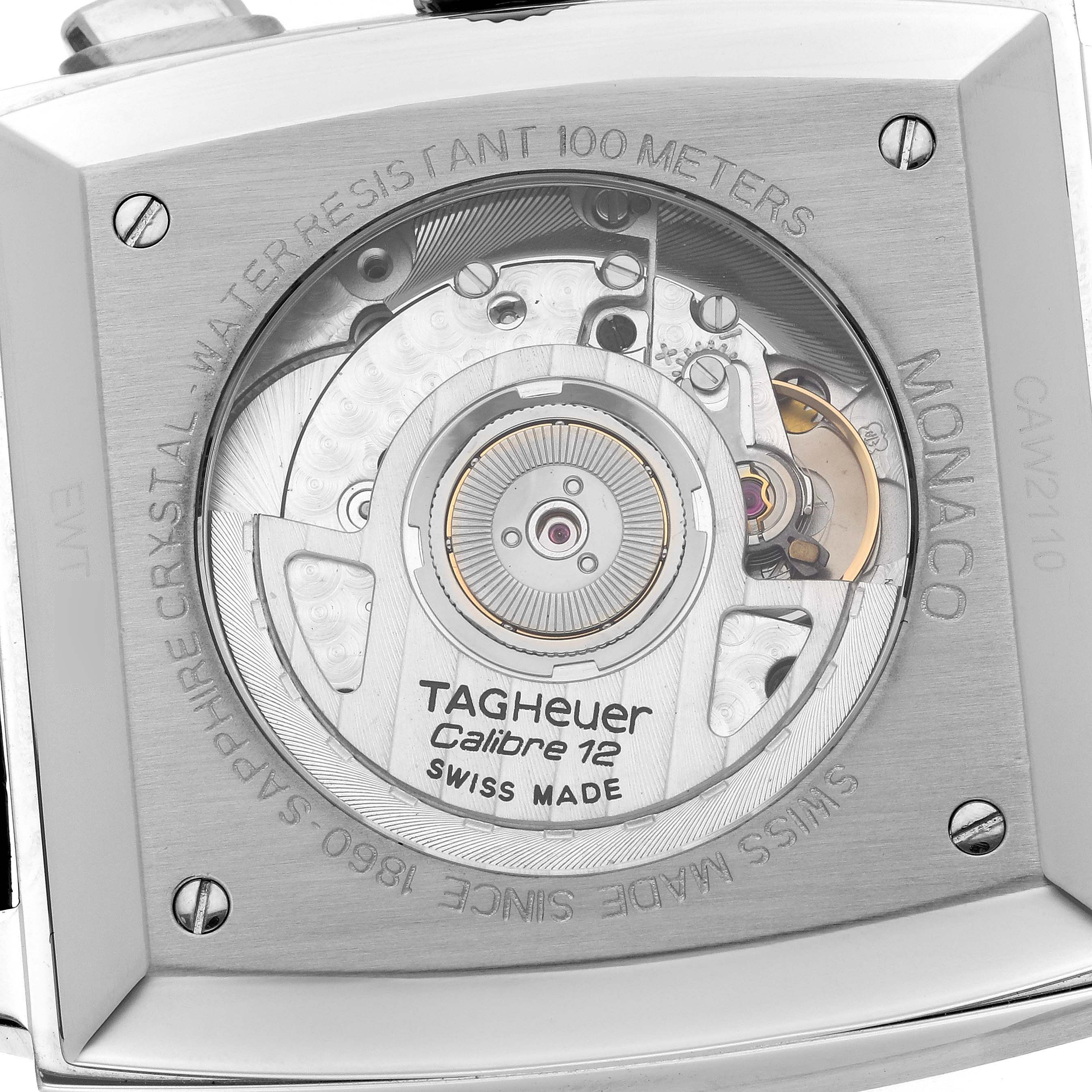 The image shows the back of the Tag Heuer Monaco CAW2110.FC6177 Men's Stainless Steel Black Dial CAW2110.FC6177 Men's Stainless Steel Black Dial watch, highlighting the visible movement mechanism.