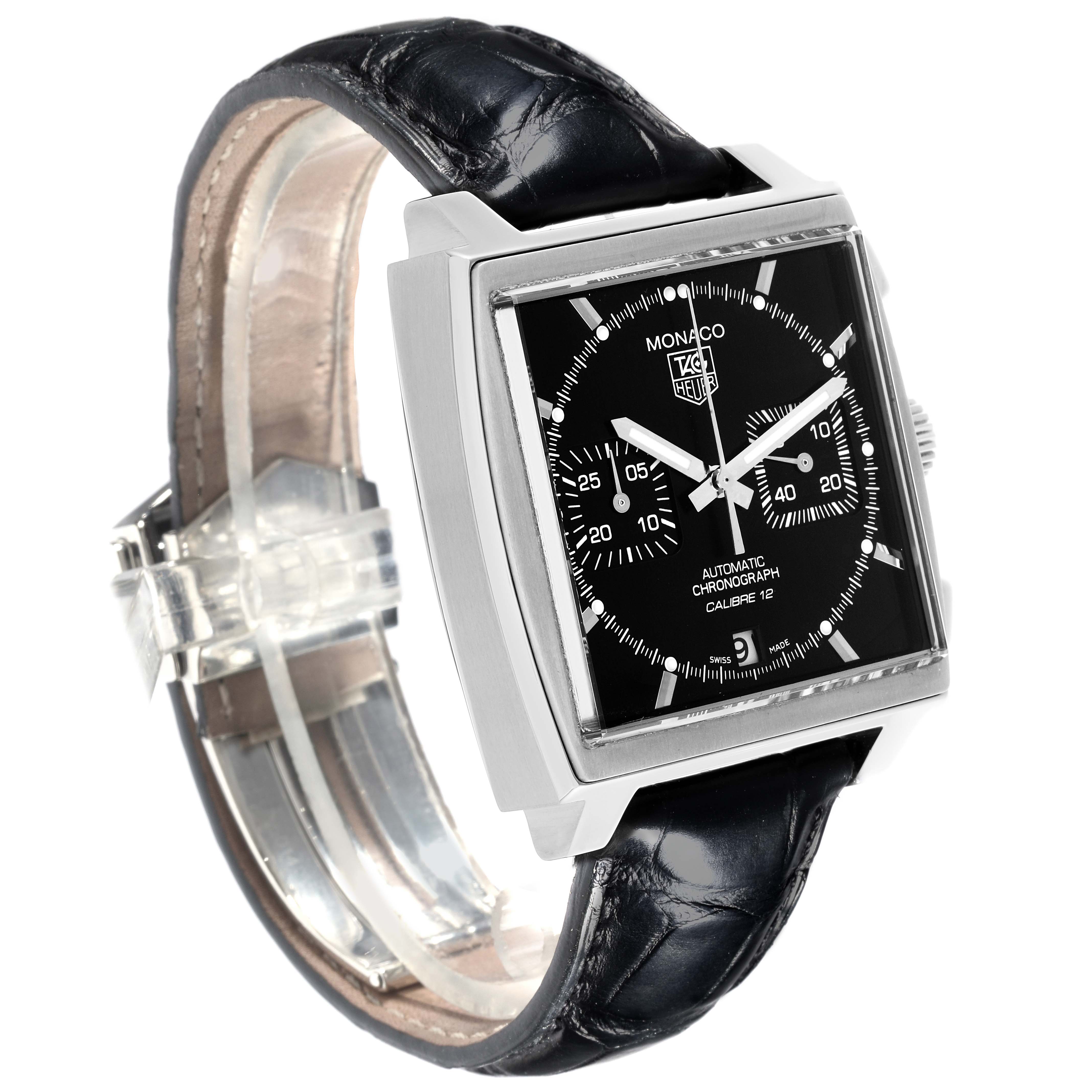 The Tag Heuer Monaco CAW2110.FC6177 Men's Stainless Steel Black Dial CAW2110.FC6177 Men's Stainless Steel Black Dial watch is shown at an angled view highlighting the face, case, crown, and leather strap.