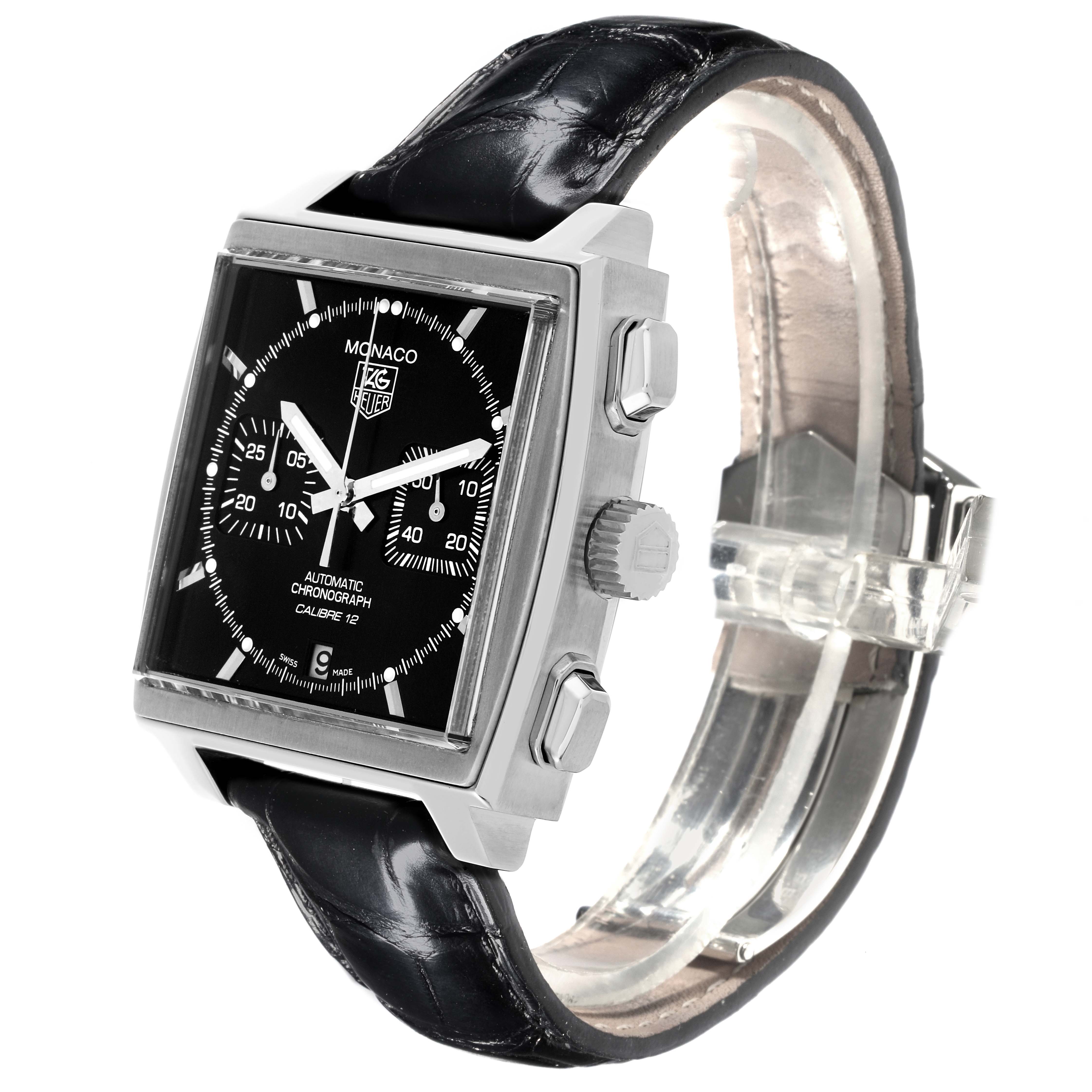 The Tag Heuer Monaco CAW2110.FC6177 Men's Stainless Steel Black Dial CAW2110.FC6177 Men's Stainless Steel Black Dial watch is shown at a three-quarter angle, highlighting the face, side pushers, and black strap.