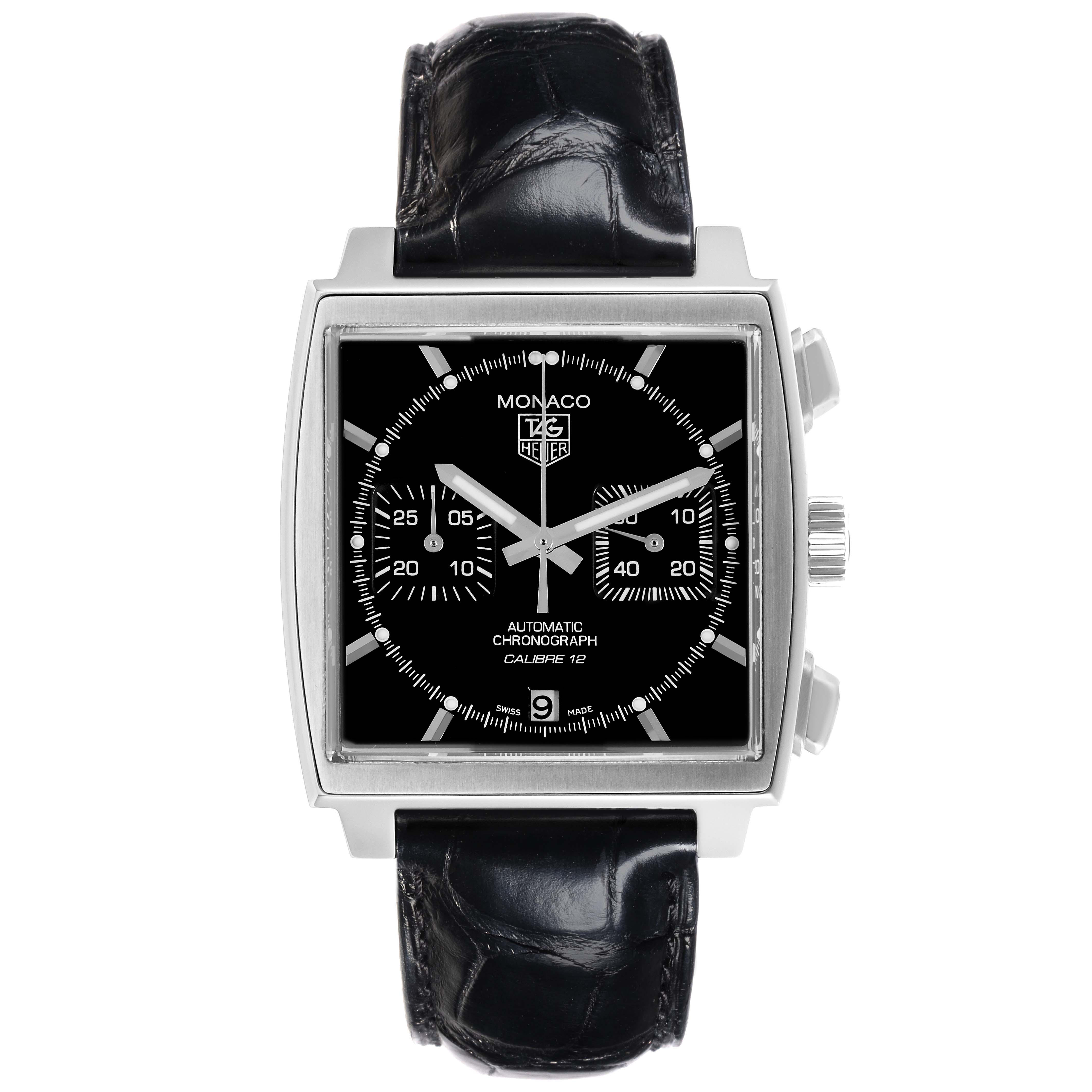 The Tag Heuer Monaco CAW2110.FC6177 Men's Stainless Steel Black Dial CAW2110.FC6177 Men's Stainless Steel Black Dial watch is shown from the front, displaying its square face, subdials, and black leather strap.