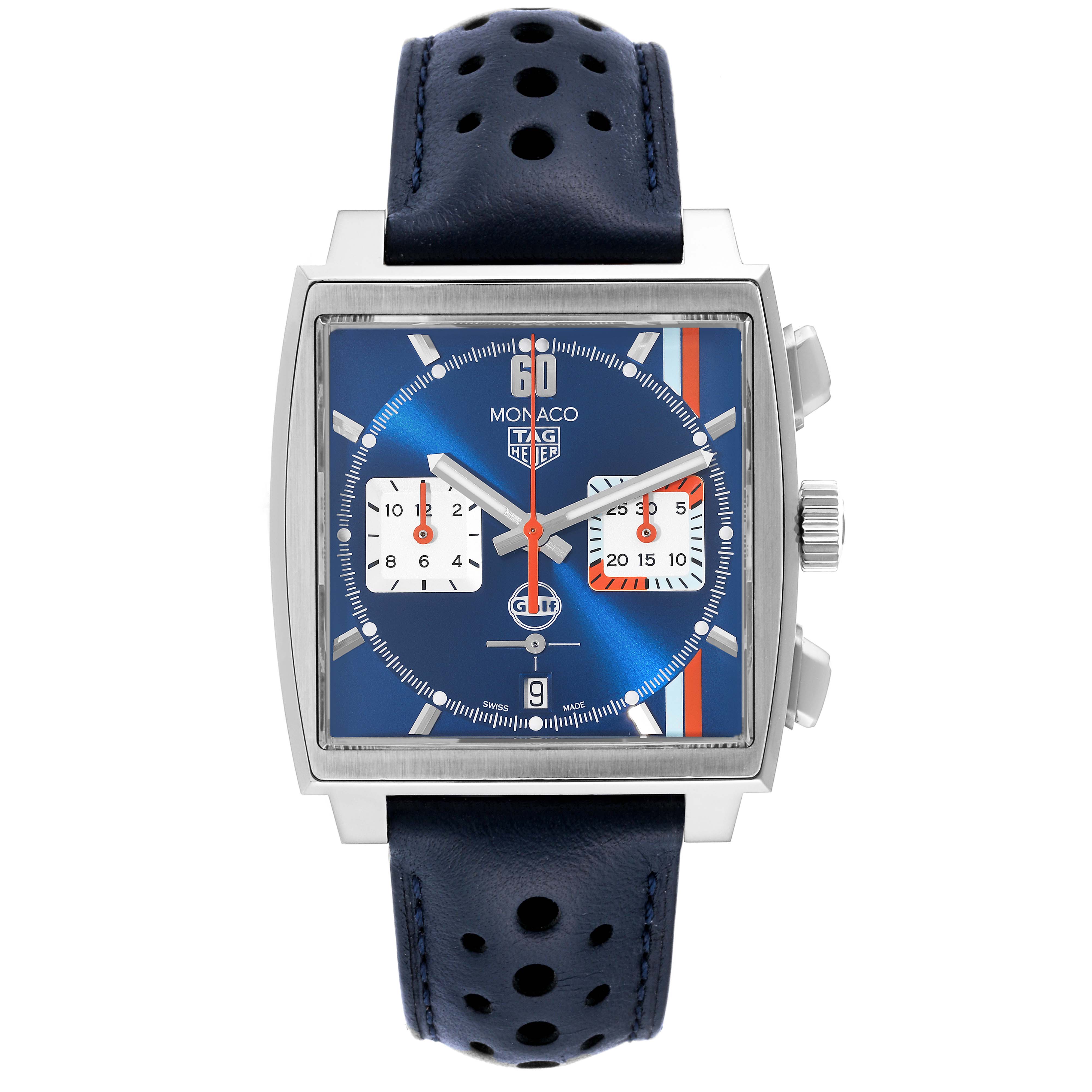 This image shows a front view of a Tag Heuer Monaco CBL2115.FC6494 Men's Stainless Steel Blue Dial CBL2115.FC6494 Men's Stainless Steel Blue Dial watch, highlighting its square dial, blue strap, and chronograph features.