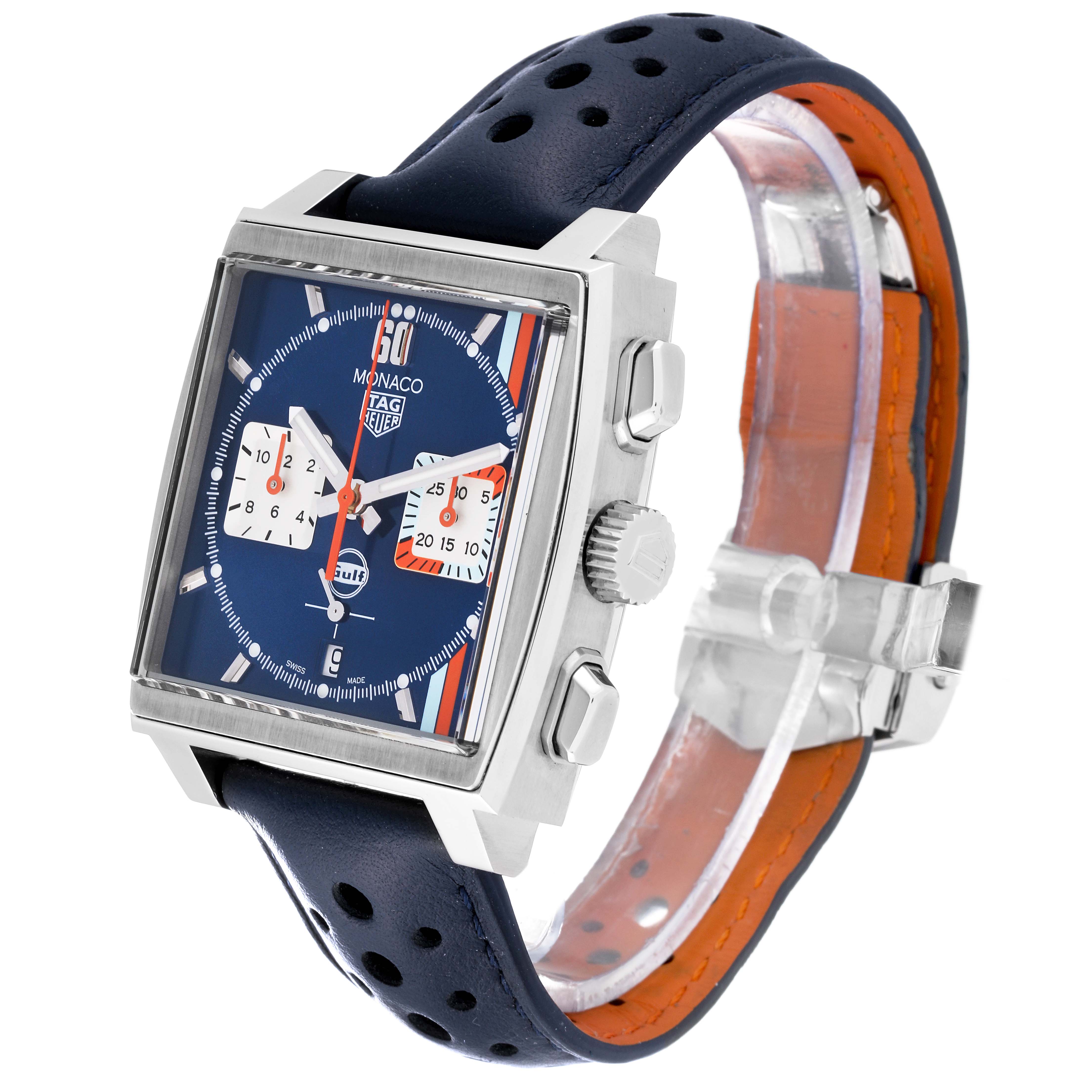 The Tag Heuer Monaco CBL2115.FC6494 Men's Stainless Steel Blue Dial CBL2115.FC6494 Men's Stainless Steel Blue Dial watch is shown at a three-quarter angle, displaying the face, bezel, crown, and strap.