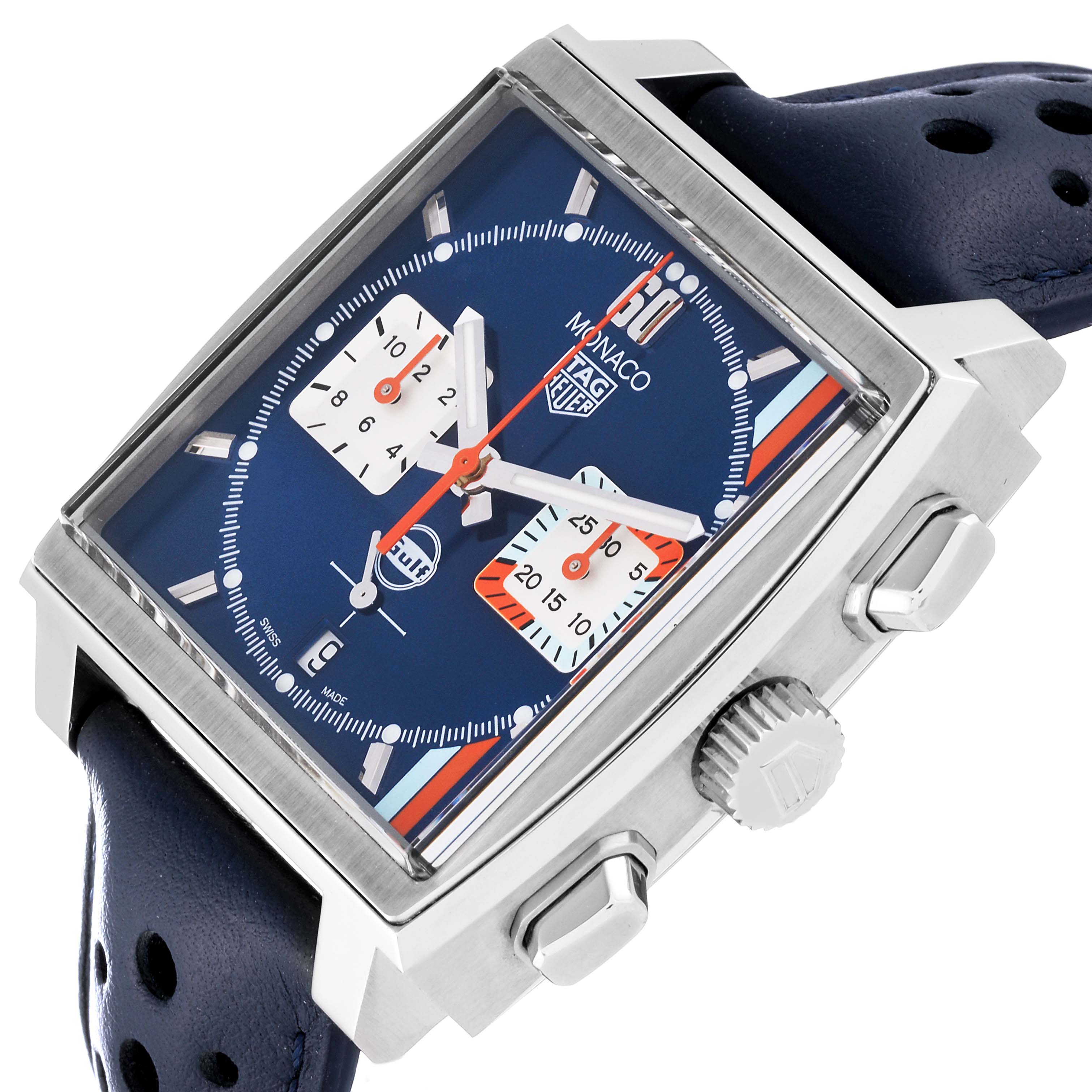 This Tag Heuer Monaco CBL2115.FC6494 Men's Stainless Steel Blue Dial CBL2115.FC6494 Men's Stainless Steel Blue Dial watch image shows the front dial, side crown, and pusher buttons at an oblique angle.