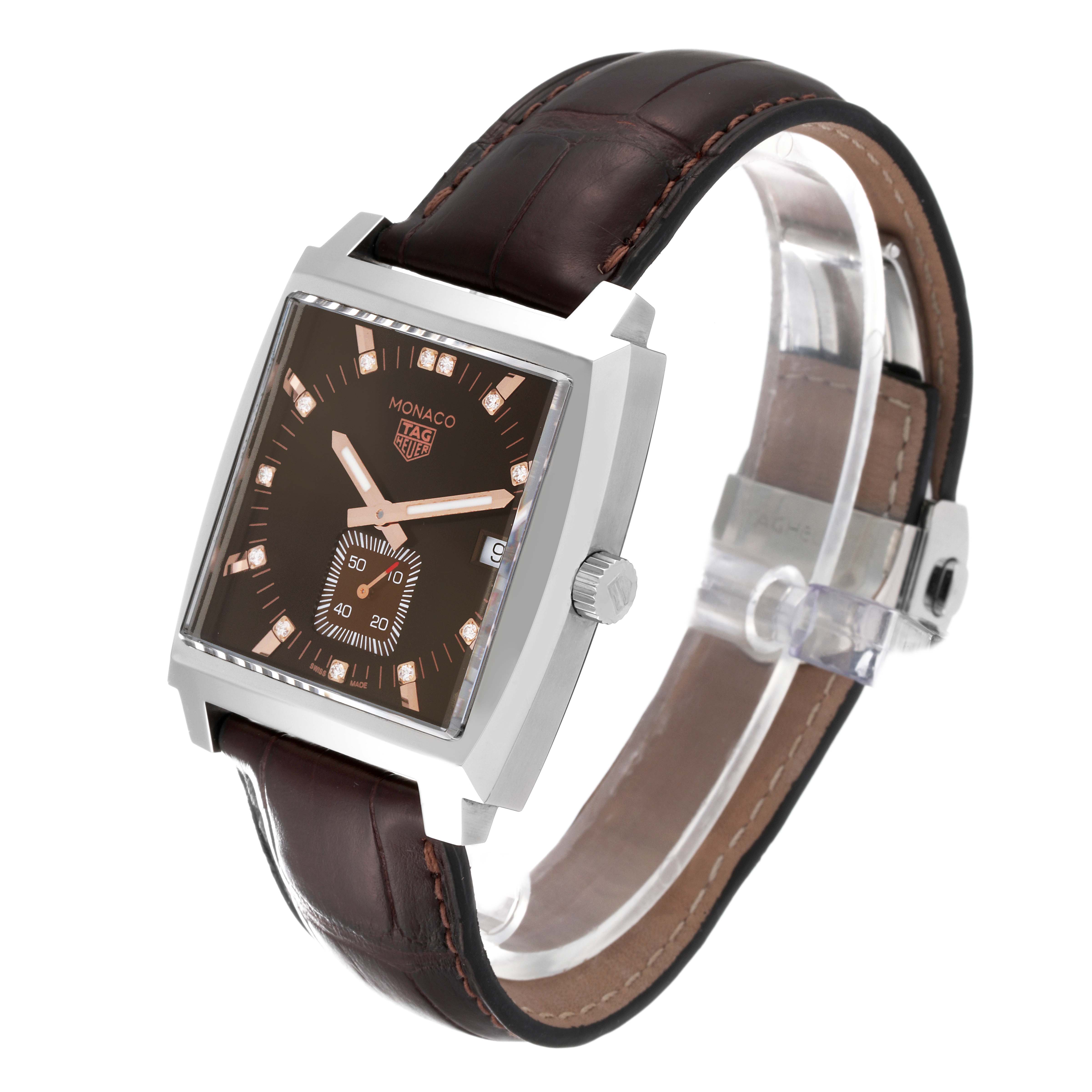 The image shows a Tag Heuer Monaco WAW131E.FC6420 Men's Stainless Steel Brown Dial WAW131E.FC6420 Men's Stainless Steel Brown Dial watch angled to display the face, bezel, crown, and brown leather strap.