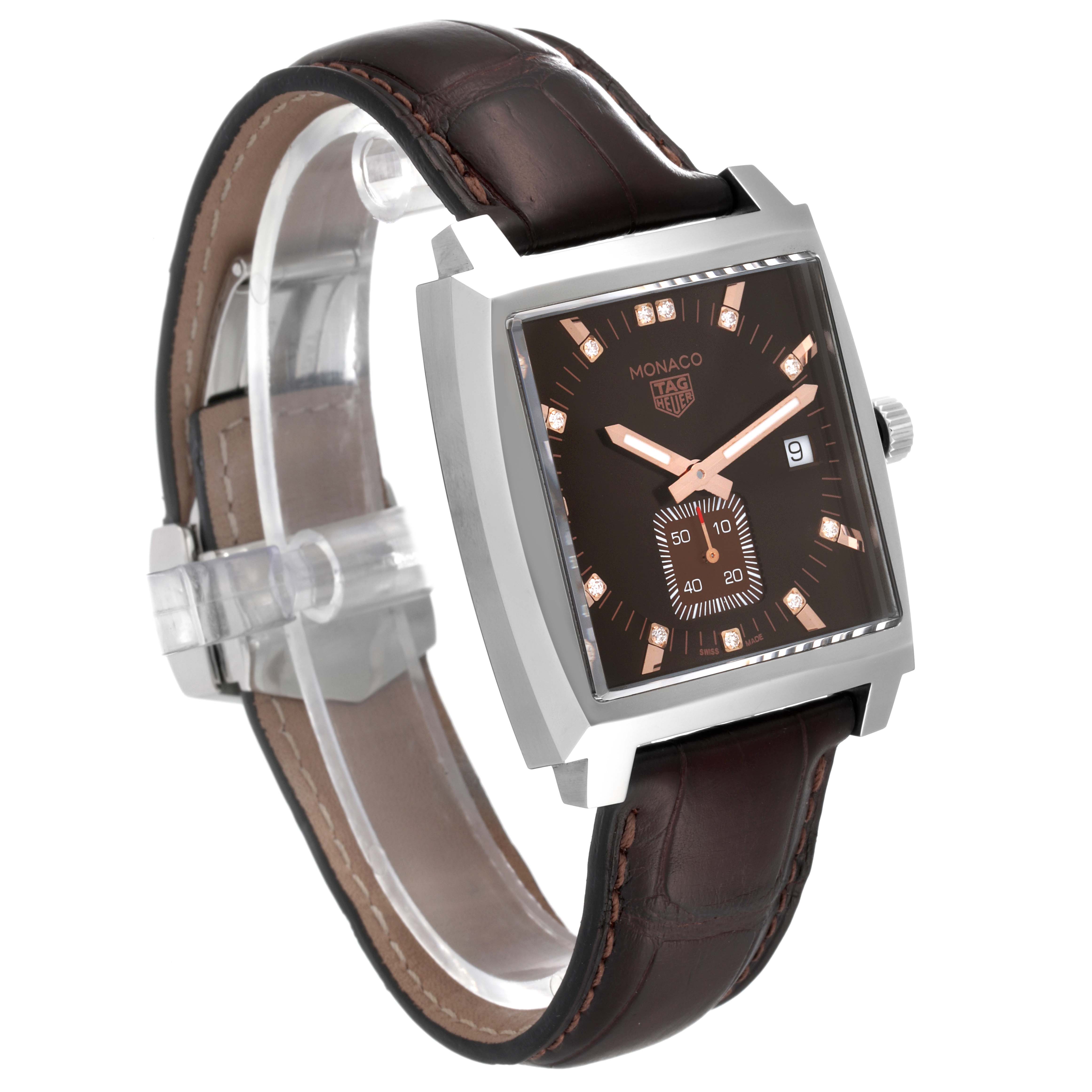 This image shows a Tag Heuer Monaco WAW131E.FC6420 Men's Stainless Steel Brown Dial WAW131E.FC6420 Men's Stainless Steel Brown Dial watch at a three-quarter angle, highlighting its face, case, and brown leather strap.