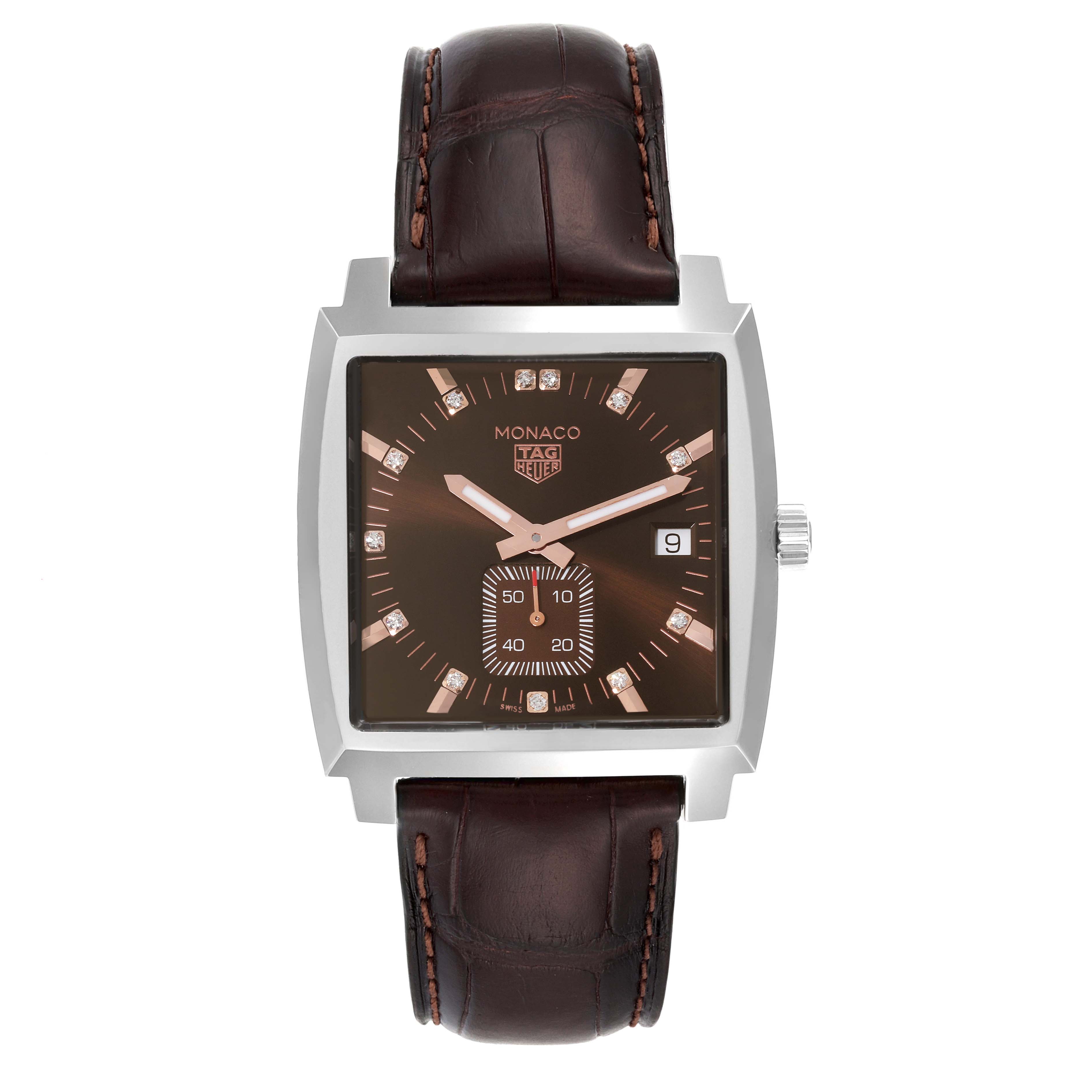 This Tag Heuer Monaco WAW131E.FC6420 Men's Stainless Steel Brown Dial WAW131E.FC6420 Men's Stainless Steel Brown Dial watch is shown from a top-down angle, displaying its square face, brown dial, and leather strap.