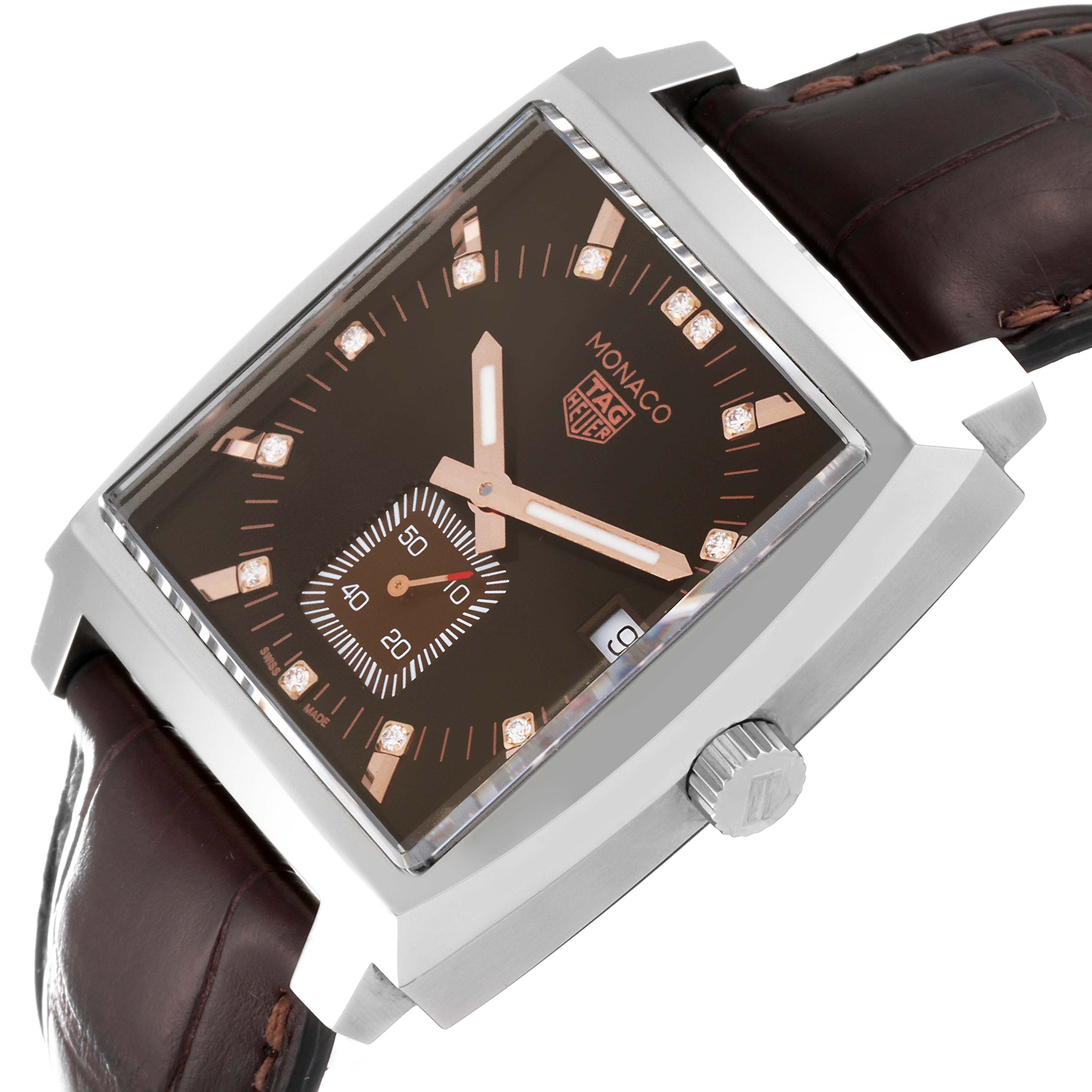 The Tag Heuer Monaco WAW131E.FC6420 Men's Stainless Steel Brown Dial WAW131E.FC6420 Men's Stainless Steel Brown Dial watch is shown at an angle highlighting the dial, crown, and leather strap.