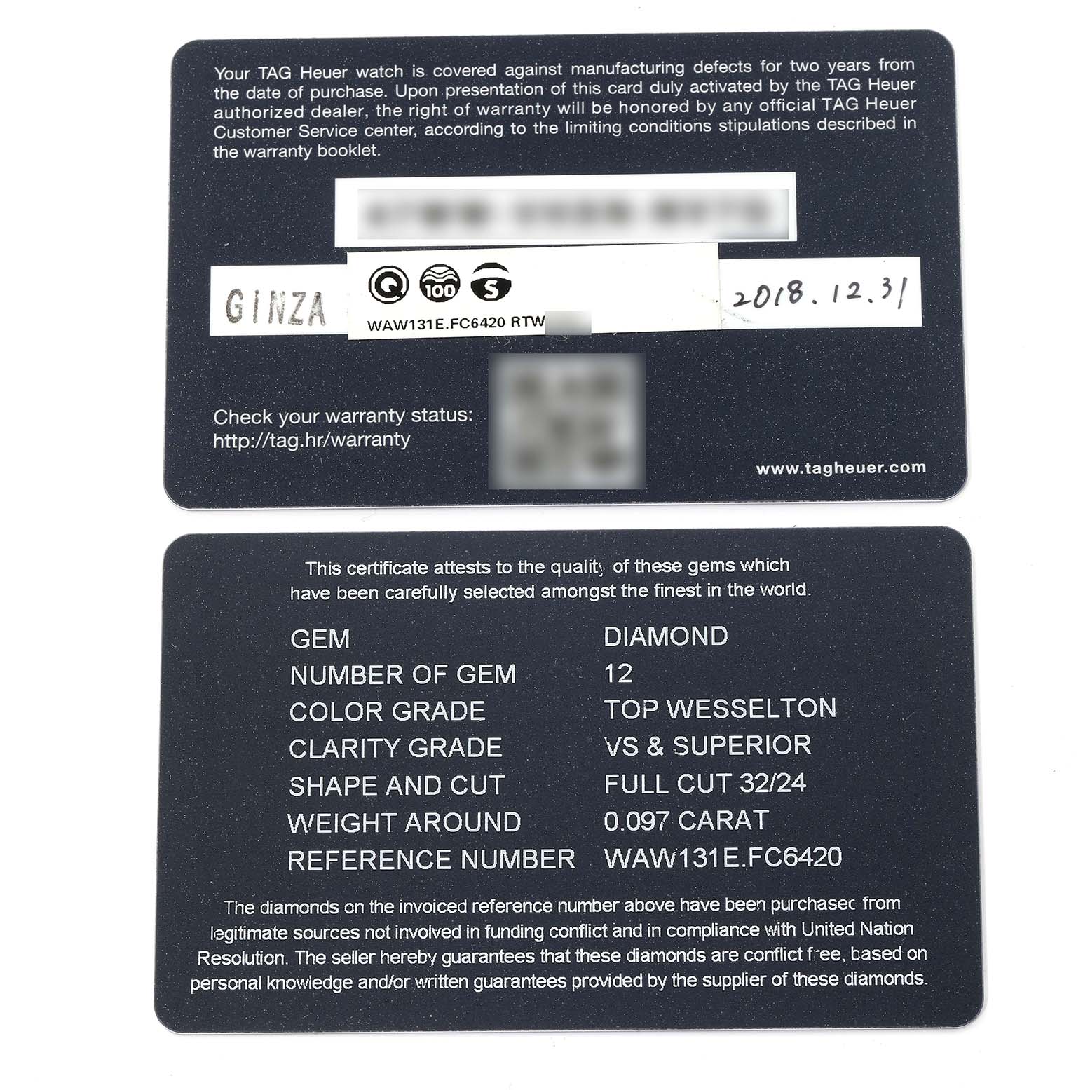 This image shows the warranty card and diamond certificate for the Tag Heuer Monaco WAW131E.FC6420 Men's Stainless Steel Brown Dial WAW131E.FC6420 Men's Stainless Steel Brown Dial model, reference number WAW131E.FC6420.