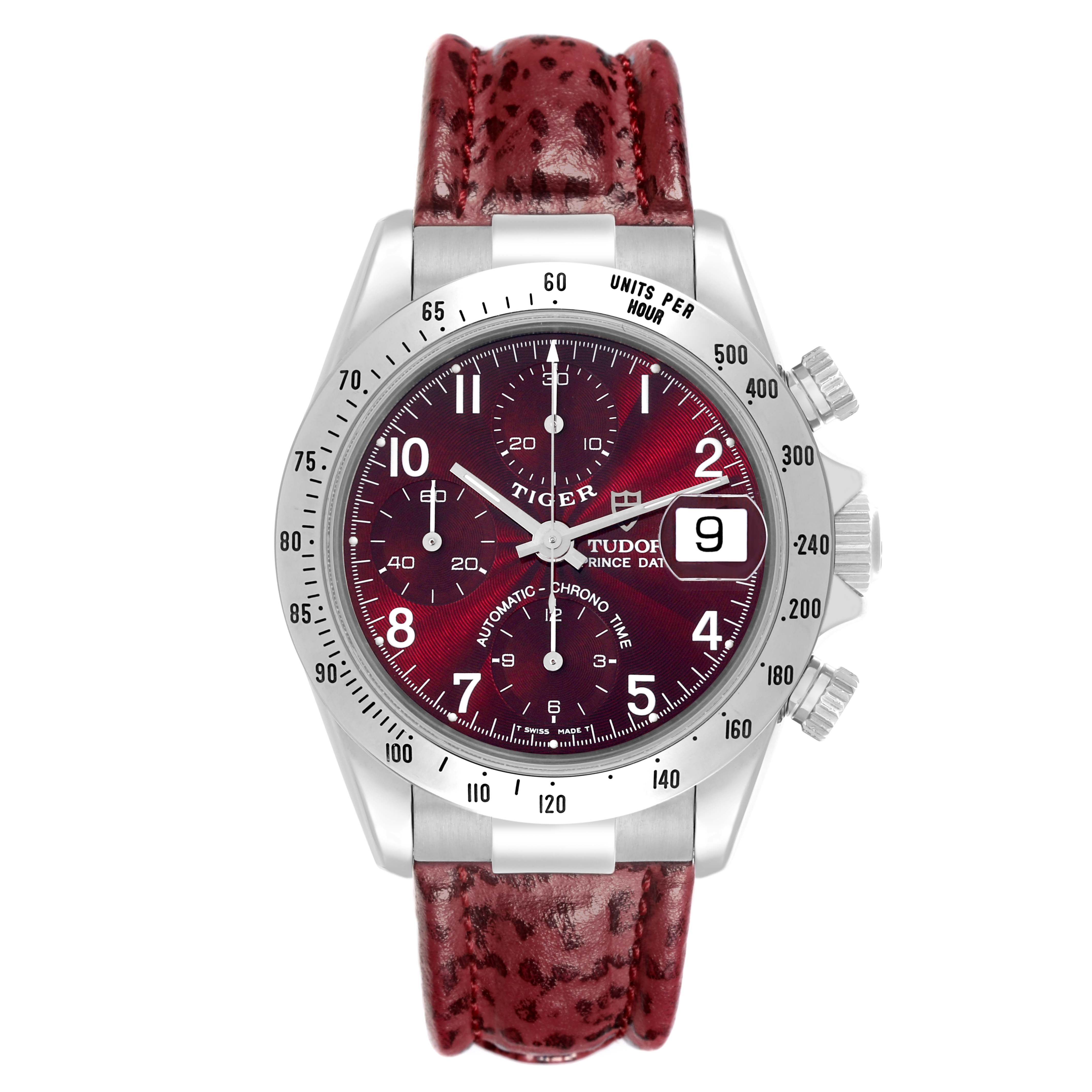 The Tudor Tiger 79280P Men's Stainless Steel Red Dial 79280P Men's Stainless Steel Red Dial watch is shown from the front, displaying the dial, bezel, chronograph, and leather strap.
