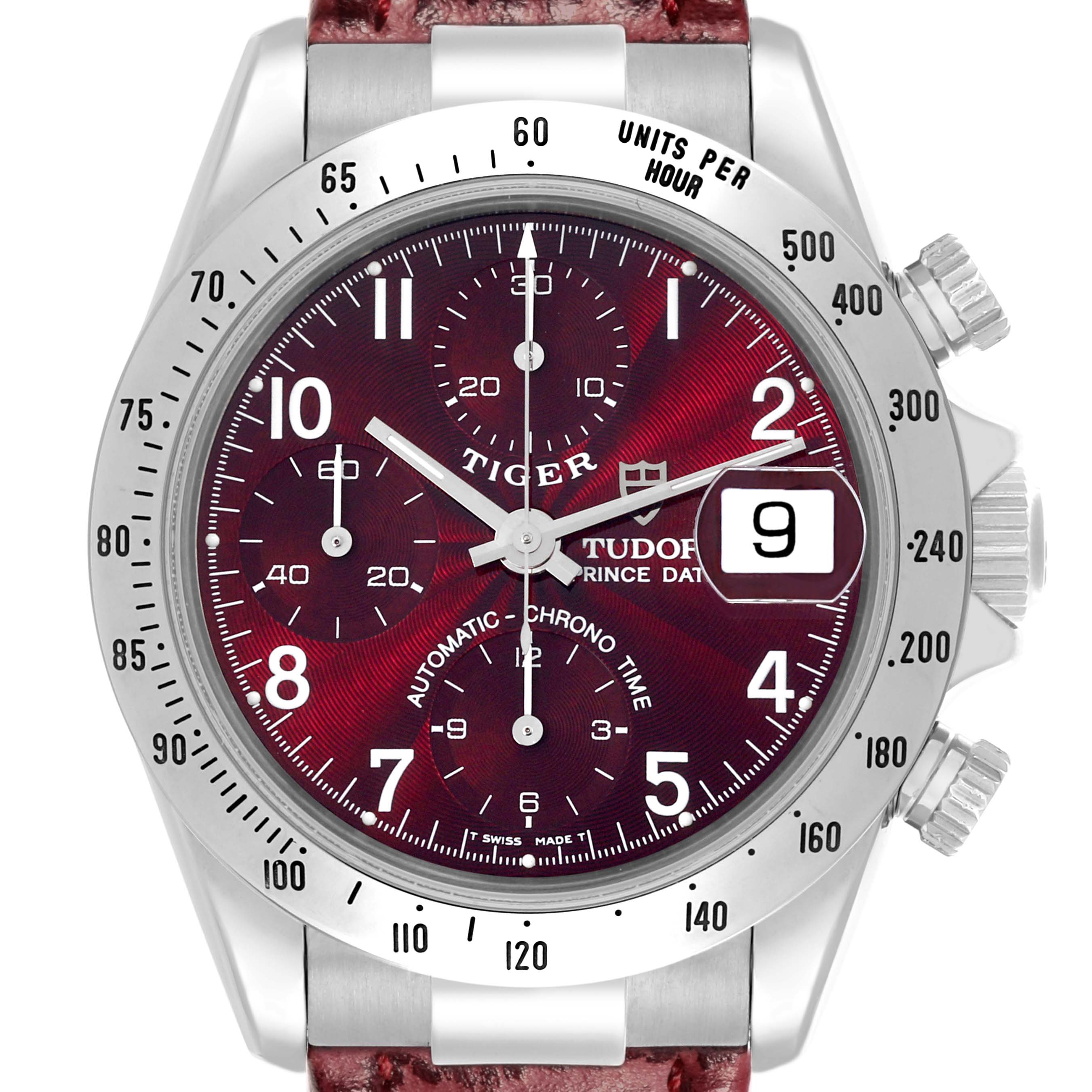 The Tudor Tiger 79280P Men's Stainless Steel Red Dial 79280P Men's Stainless Steel Red Dial watch is shown from the front, highlighting the bezel, dial, subdials, date window, and crown.