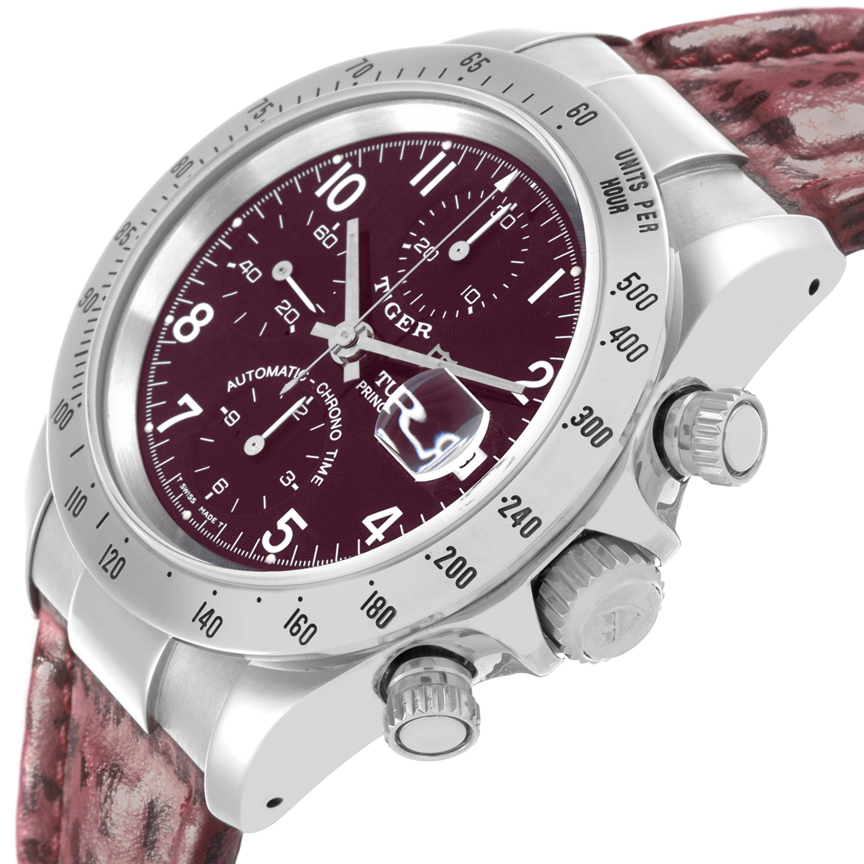 The Tudor Tiger 79280P Men's Stainless Steel Red Dial 79280P Men's Stainless Steel Red Dial model watch is shown at an angled view, featuring the bezel, crown, pushers, and dial with a leather strap.