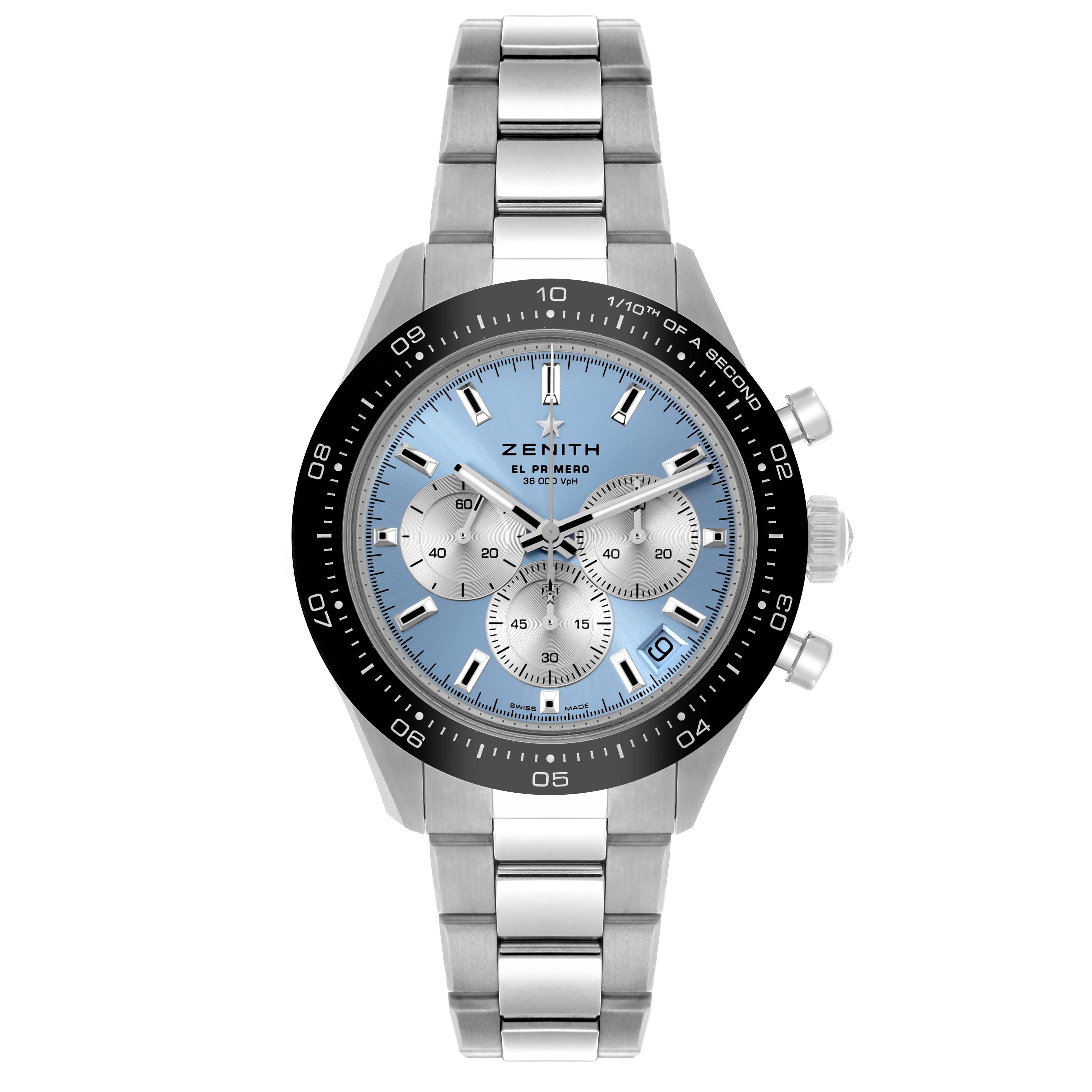 The Zenith Chronomaster 03.3106.3600/55.M3100 Men's Stainless Steel Blue Dial 03.3106.3600/55.M3100 Men's Stainless Steel Blue Dial watch is shown from the front, displaying its face, bezel, chronograph subdials, and stainless steel bracelet.