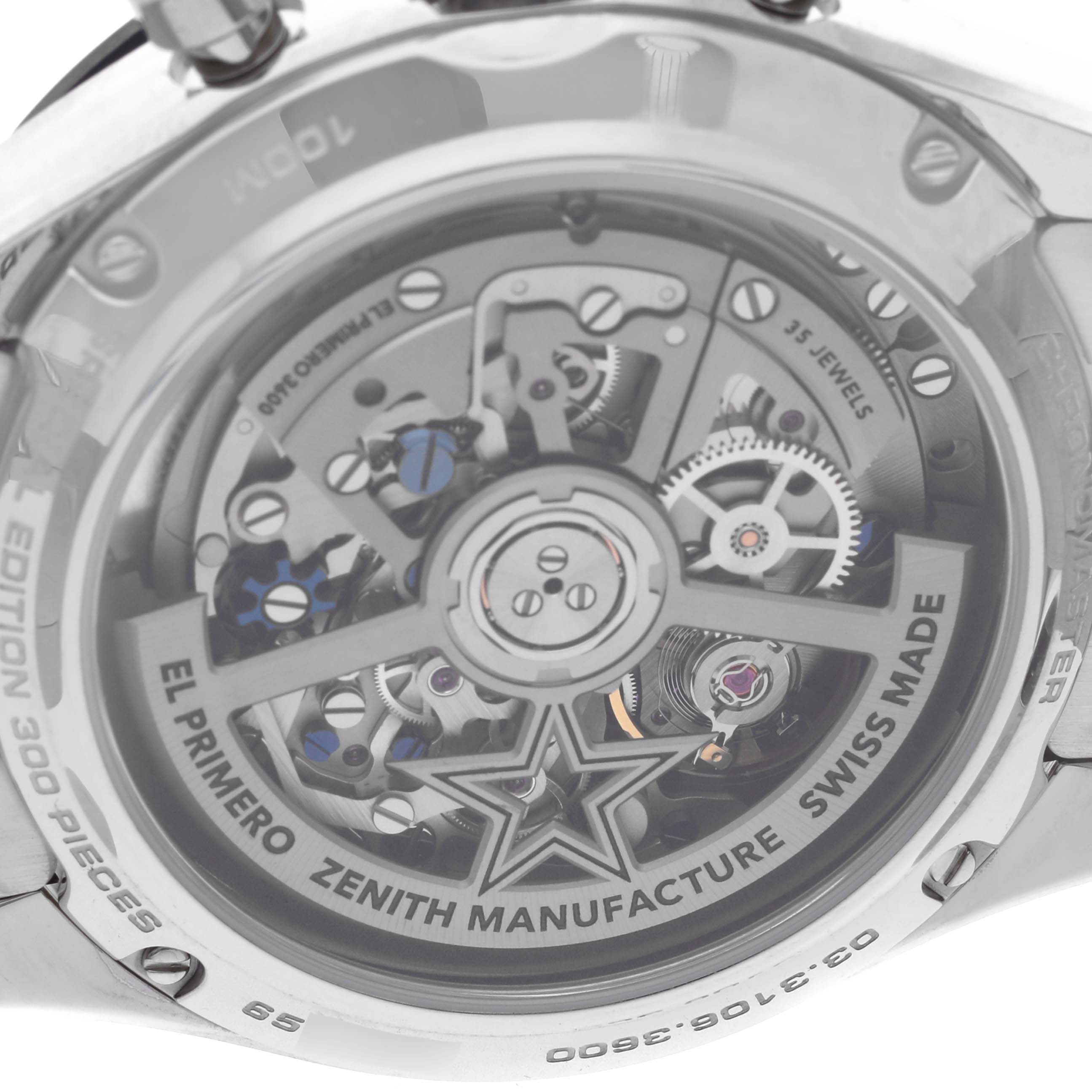 The image shows the transparent case back of the Zenith Chronomaster 03.3106.3600/55.M3100 Men's Stainless Steel Blue Dial 03.3106.3600/55.M3100 Men's Stainless Steel Blue Dial watch, displaying its intricate movement and components.