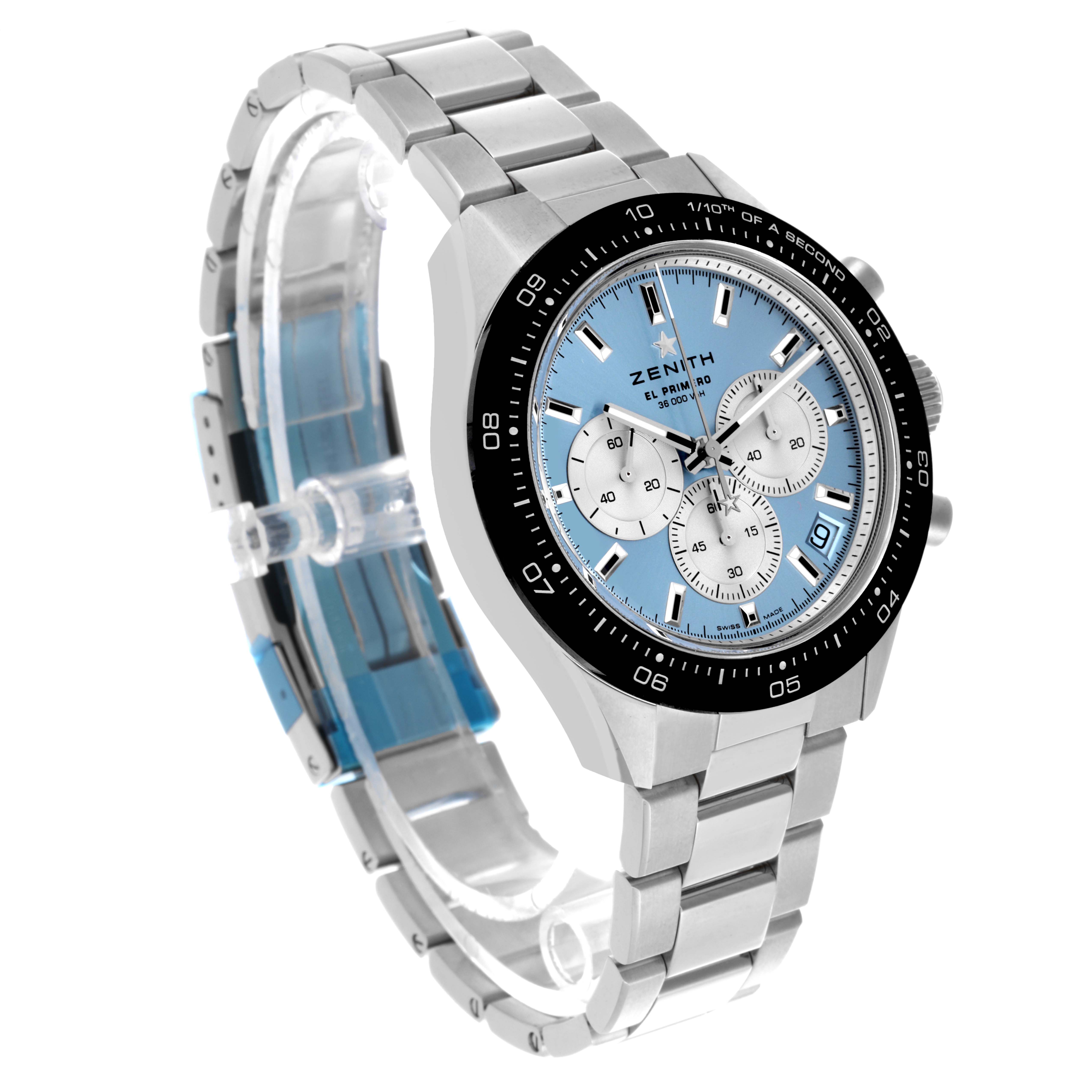 The Zenith Chronomaster 03.3106.3600/55.M3100 Men's Stainless Steel Blue Dial 03.3106.3600/55.M3100 Men's Stainless Steel Blue Dial watch is shown from a side angle, highlighting the face, bezel, and metal bracelet.