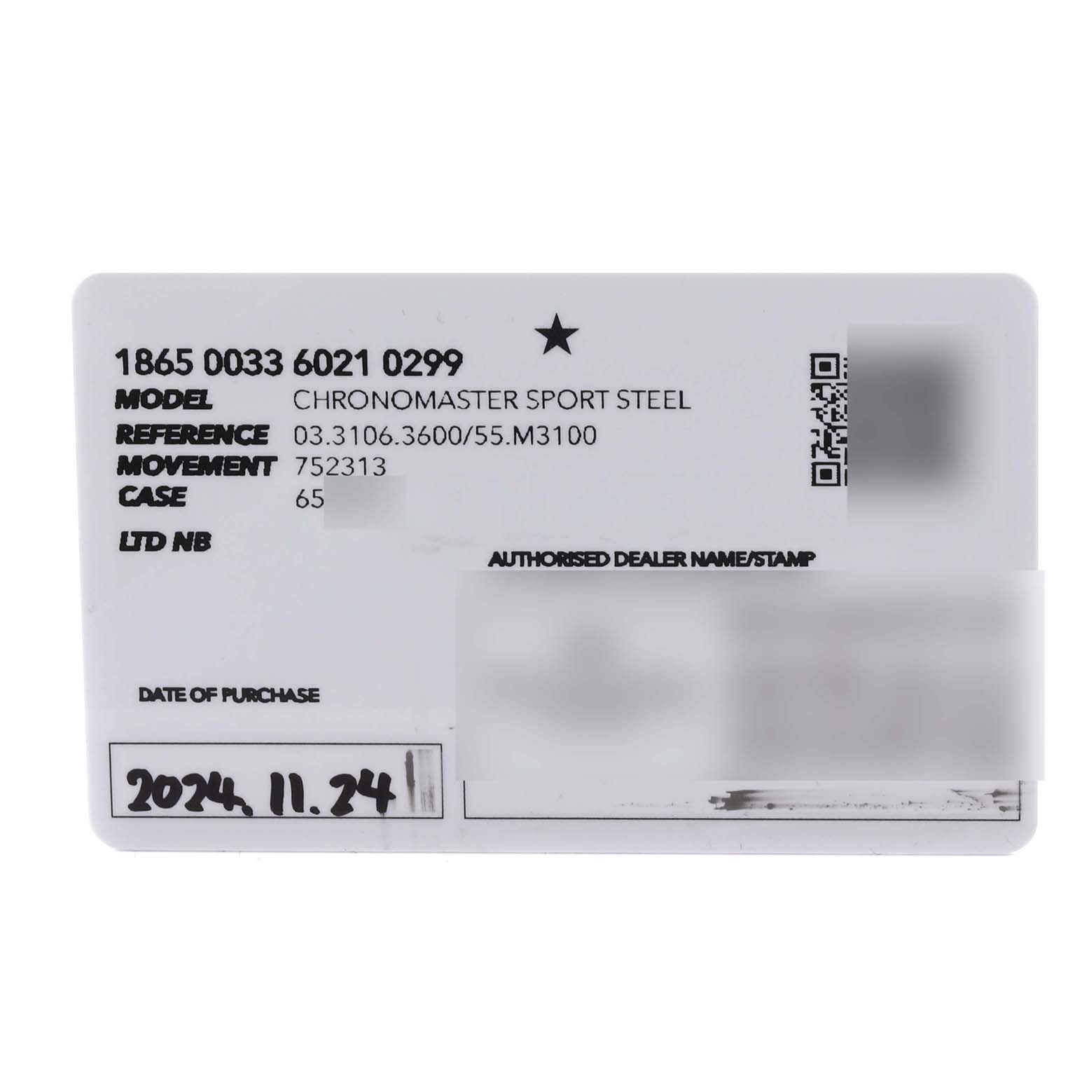 The image shows a warranty card for the Zenith Chronomaster 03.3106.3600/55.M3100 Men's Stainless Steel Blue Dial 03.3106.3600/55.M3100 Men's Stainless Steel Blue Dial Sport Steel, including model, reference, movement, and purchase date details.