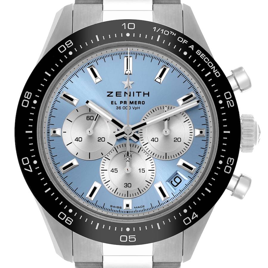 The Zenith Chronomaster watch is shown in a front view, displaying its face, bezel, subdials, and crown.