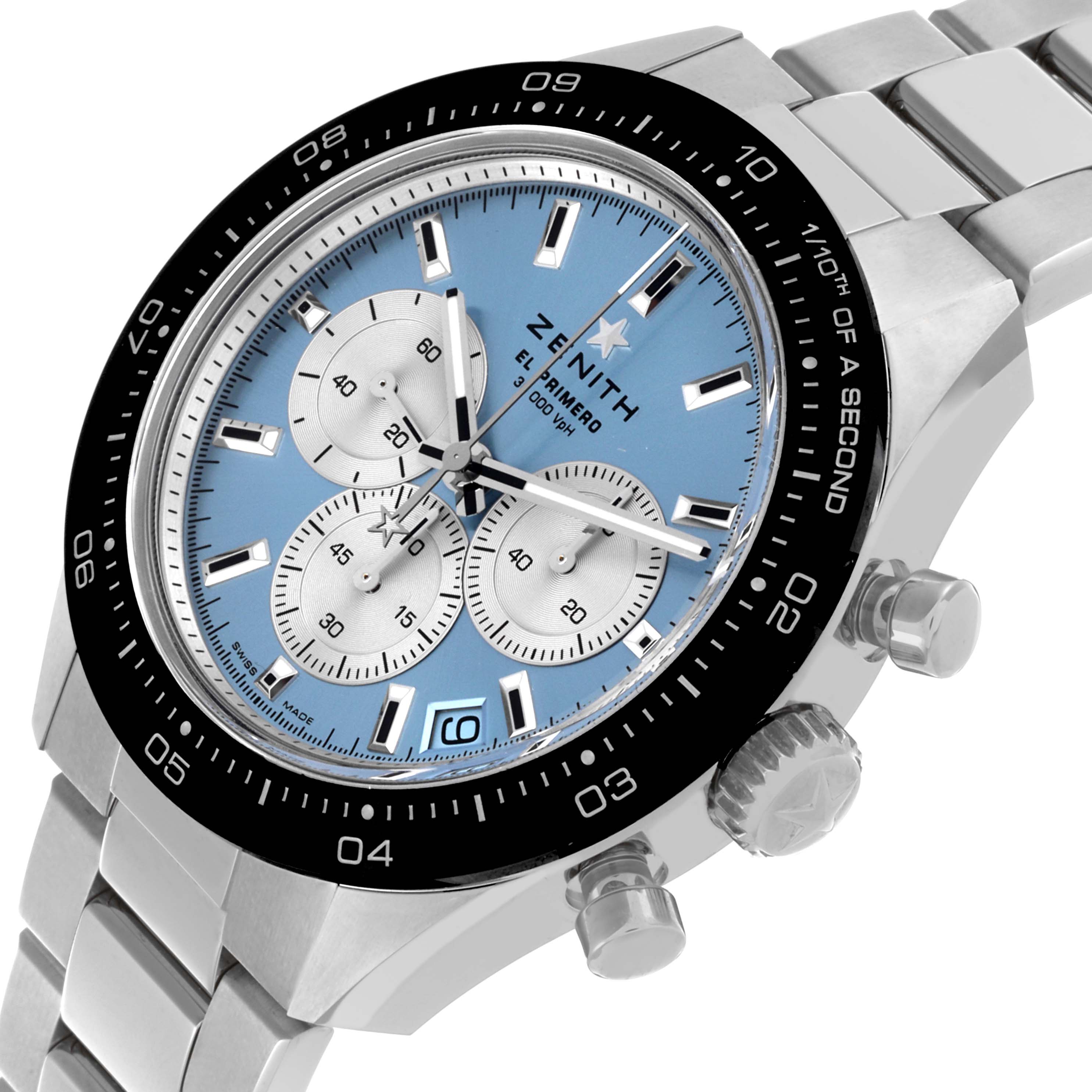 The Zenith Chronomaster 03.3106.3600/55.M3100 Men's Stainless Steel Blue Dial 03.3106.3600/55.M3100 Men's Stainless Steel Blue Dial watch is shown at a slight angle, highlighting the dial, bezel, crown, pushers, and stainless steel bracelet.