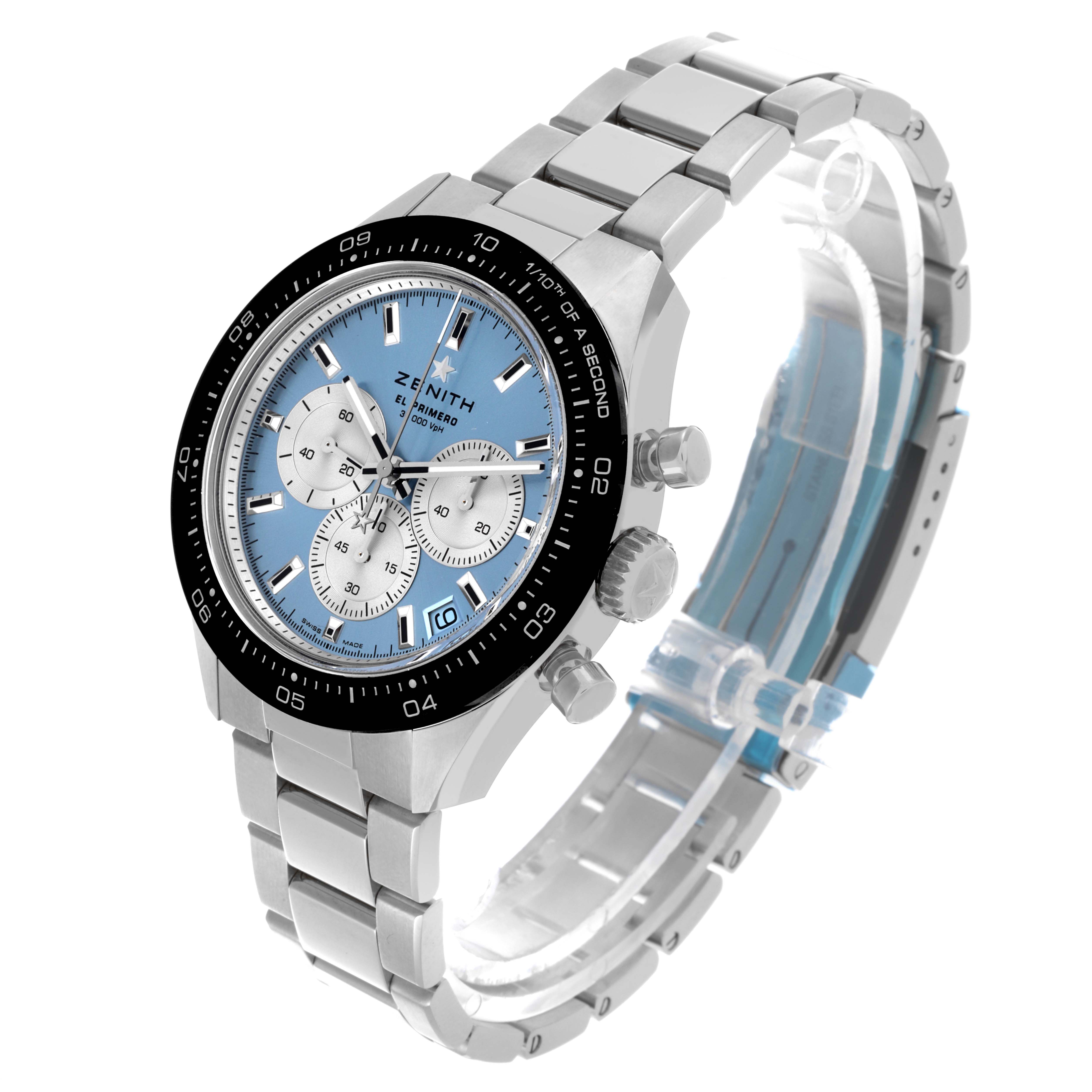 The image shows the Zenith Chronomaster 03.3106.3600/55.M3100 Men's Stainless Steel Blue Dial 03.3106.3600/55.M3100 Men's Stainless Steel Blue Dial watch at a three-quarter angle, highlighting the dial, bezel, and metal bracelet.