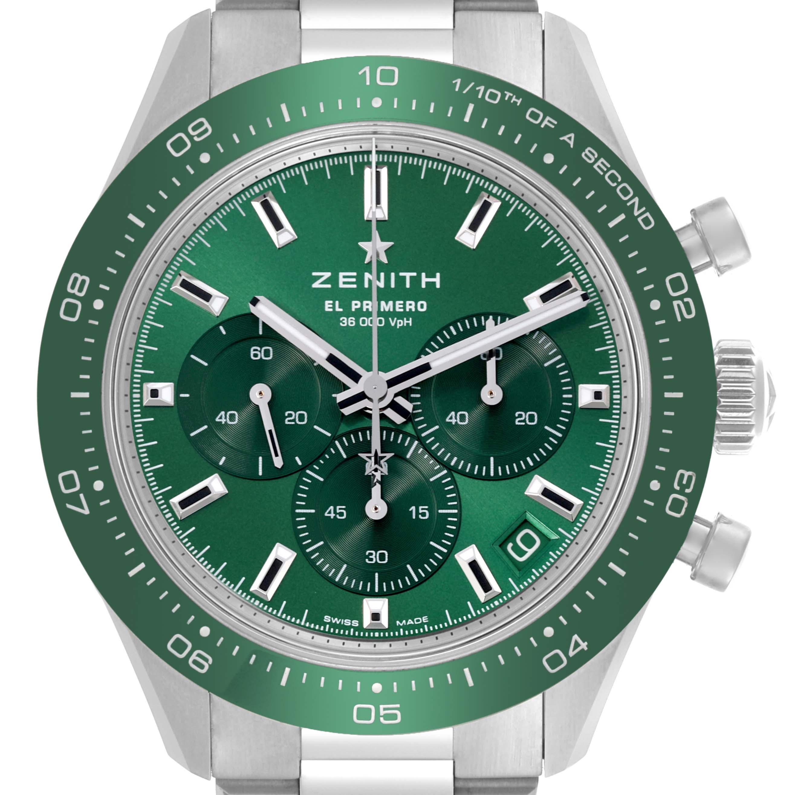 The watch is shown from the front, highlighting the green dial, bezel, and chronograph features of the Zenith Chronomaster 03.3107.3600/56.M3100 Men
s Stainless Steel Green Dial 03.3107.3600/56.M3100 Men
s Stainless Steel Green Dial model.