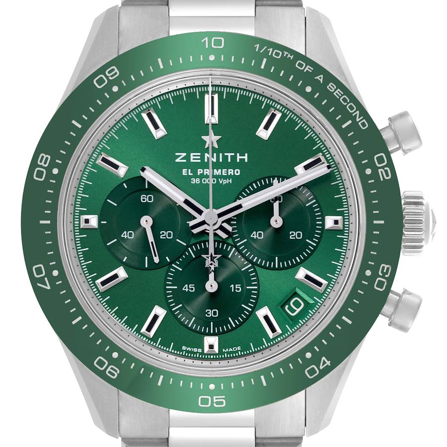 The watch is shown from the front, highlighting the green dial, bezel, and chronograph features of the Zenith Chronomaster model.