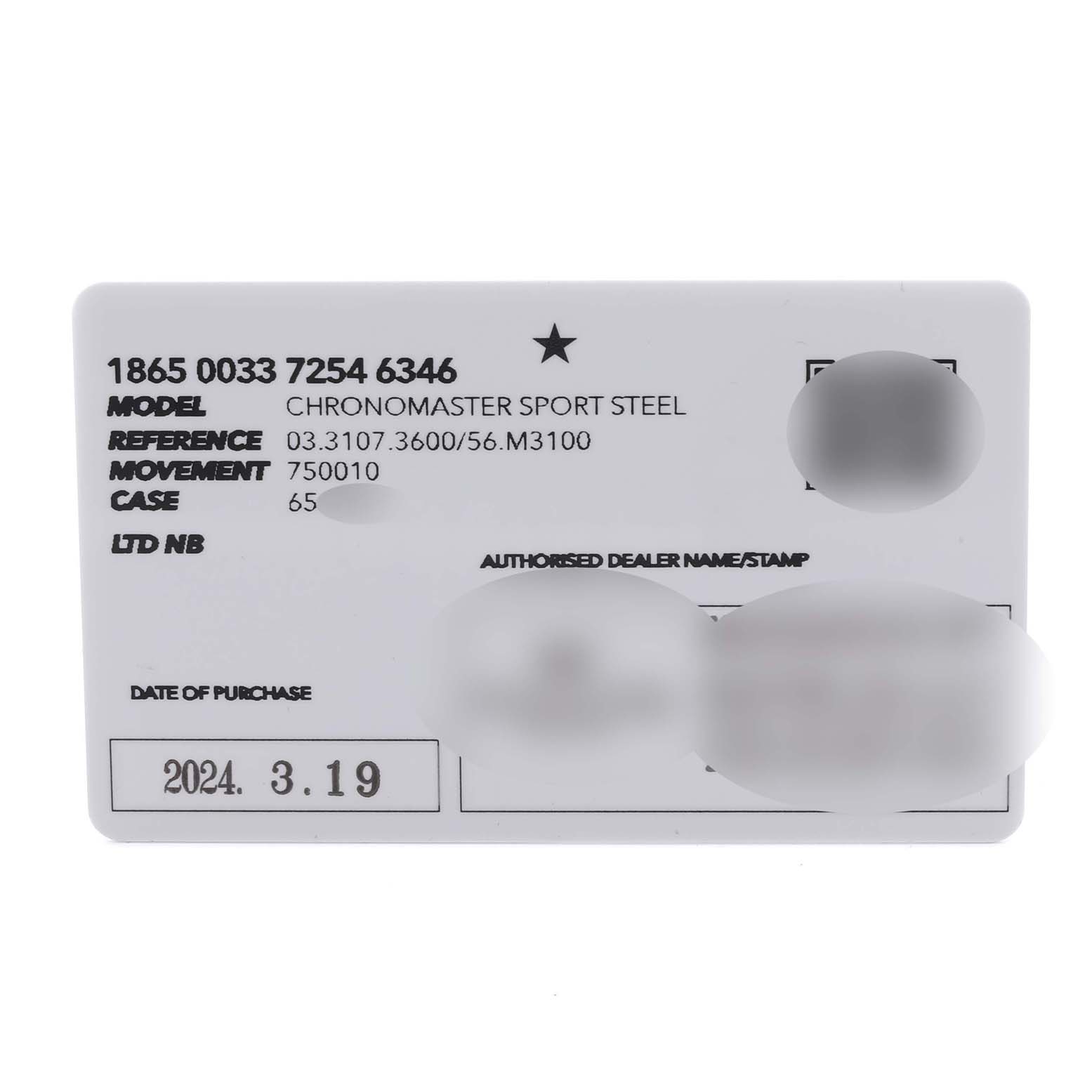 The image shows a warranty card for the Zenith Chronomaster 03.3107.3600/56.M3100 Men
s Stainless Steel Green Dial 03.3107.3600/56.M3100 Men
s Stainless Steel Green Dial model detailing specifications and purchase date information.