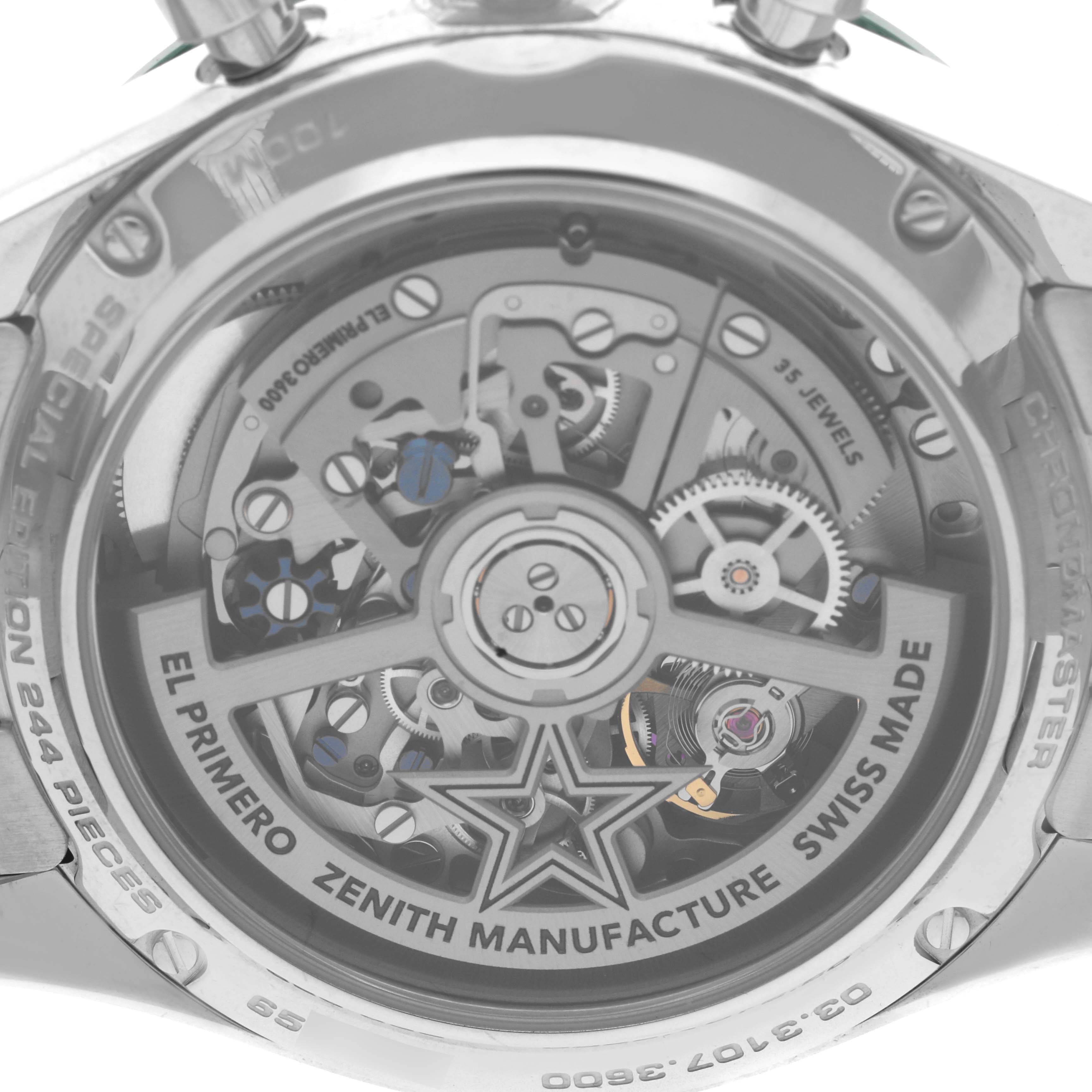 The image shows the back of the Zenith Chronomaster 03.3107.3600/56.M3100 Men
s Stainless Steel Green Dial 03.3107.3600/56.M3100 Men
s Stainless Steel Green Dial watch, revealing the intricate internal movement and mechanics.