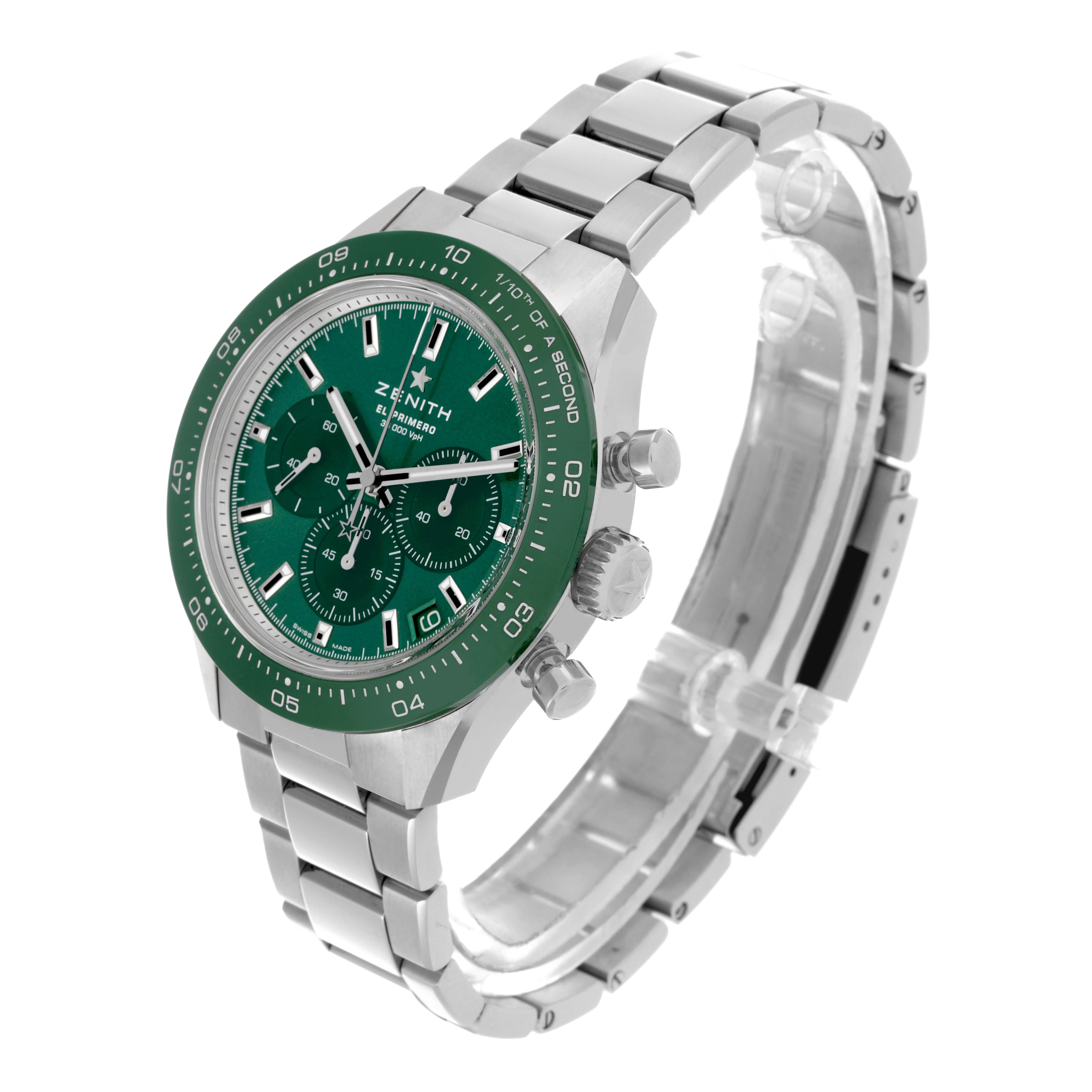 The Zenith Chronomaster 03.3107.3600/56.M3100 Men
s Stainless Steel Green Dial 03.3107.3600/56.M3100 Men
s Stainless Steel Green Dial watch is shown at a three-quarter angle, highlighting the green dial, bezel, and metal bracelet.