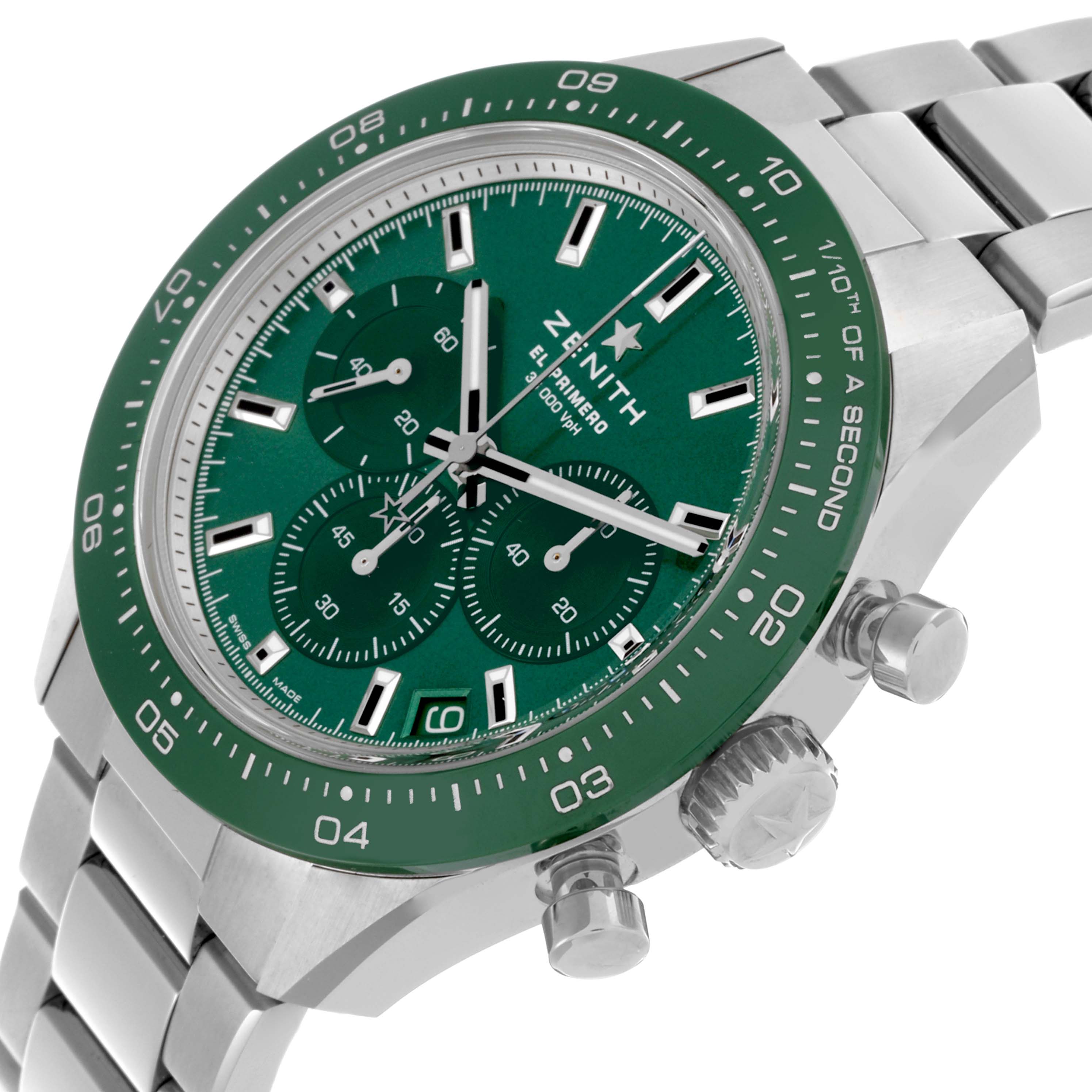 The Zenith Chronomaster 03.3107.3600/56.M3100 Men
s Stainless Steel Green Dial 03.3107.3600/56.M3100 Men
s Stainless Steel Green Dial watch is shown at an angle highlighting the green dial, bezel, case, crown, and part of the bracelet.