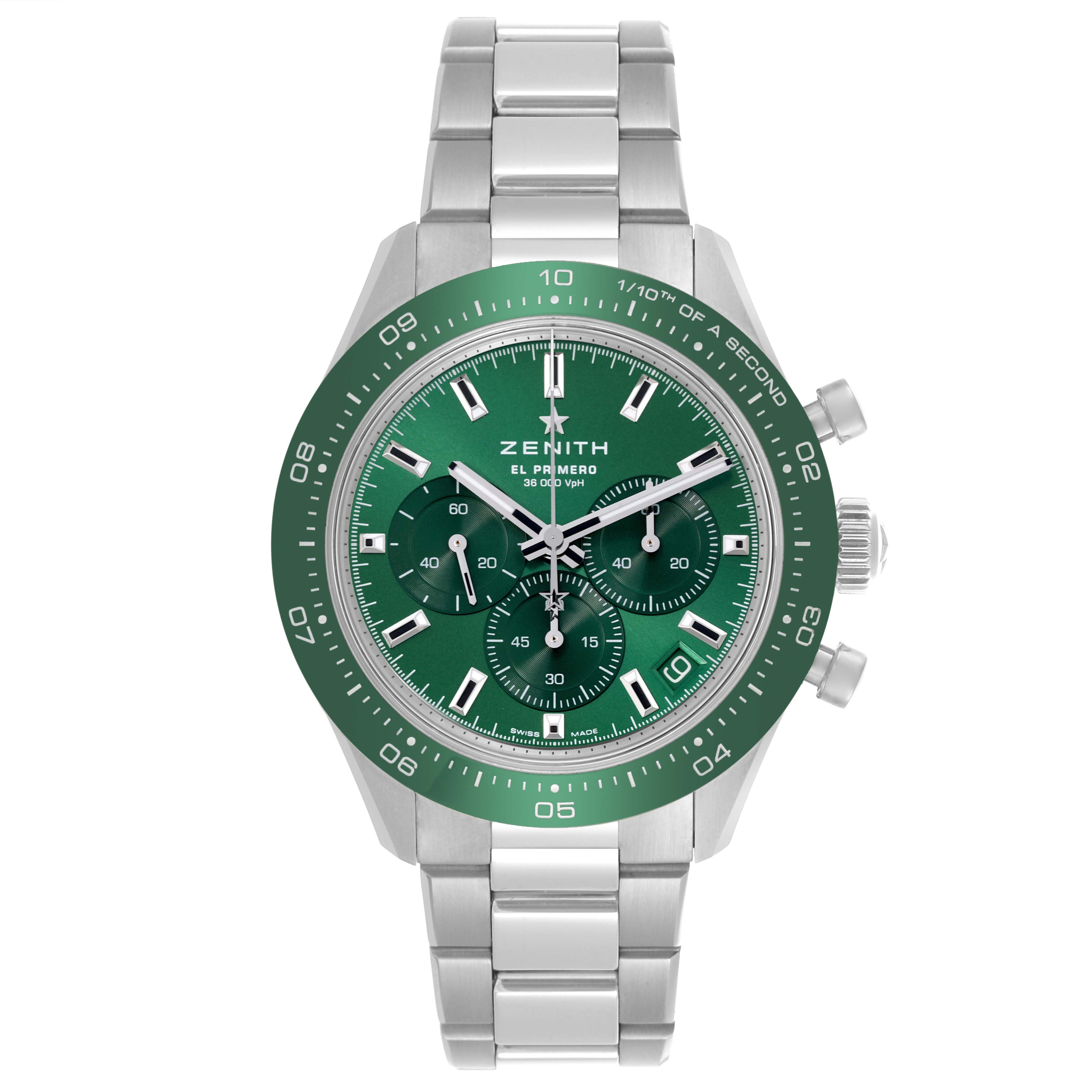The Zenith Chronomaster 03.3107.3600/56.M3100 Men
s Stainless Steel Green Dial 03.3107.3600/56.M3100 Men
s Stainless Steel Green Dial watch is shown from the front, displaying its green dial, bezel, and stainless steel bracelet.