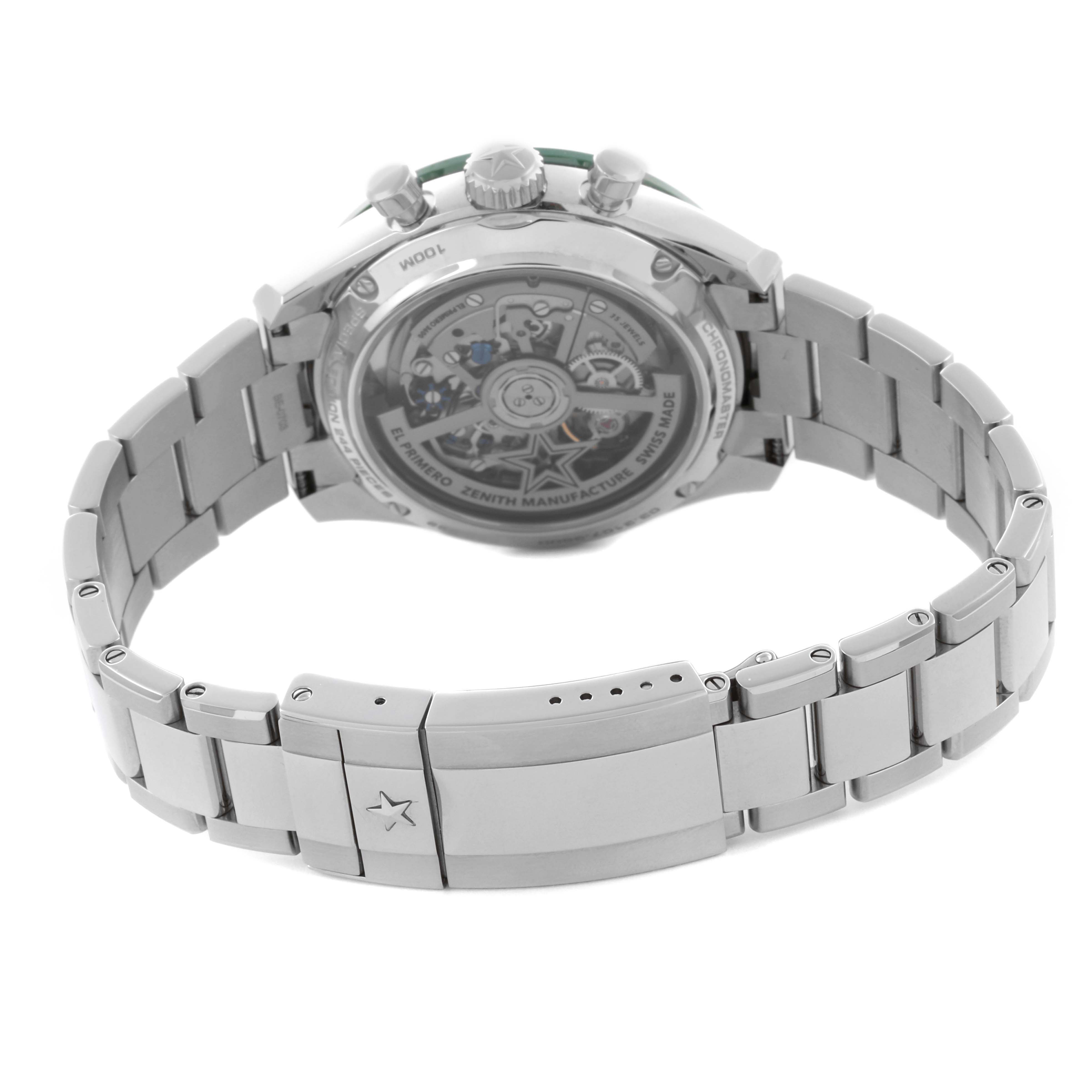 The image shows the back view of a Zenith Chronomaster 03.3107.3600/56.M3100 Men
s Stainless Steel Green Dial 03.3107.3600/56.M3100 Men
s Stainless Steel Green Dial watch, highlighting the open case back and metal bracelet.