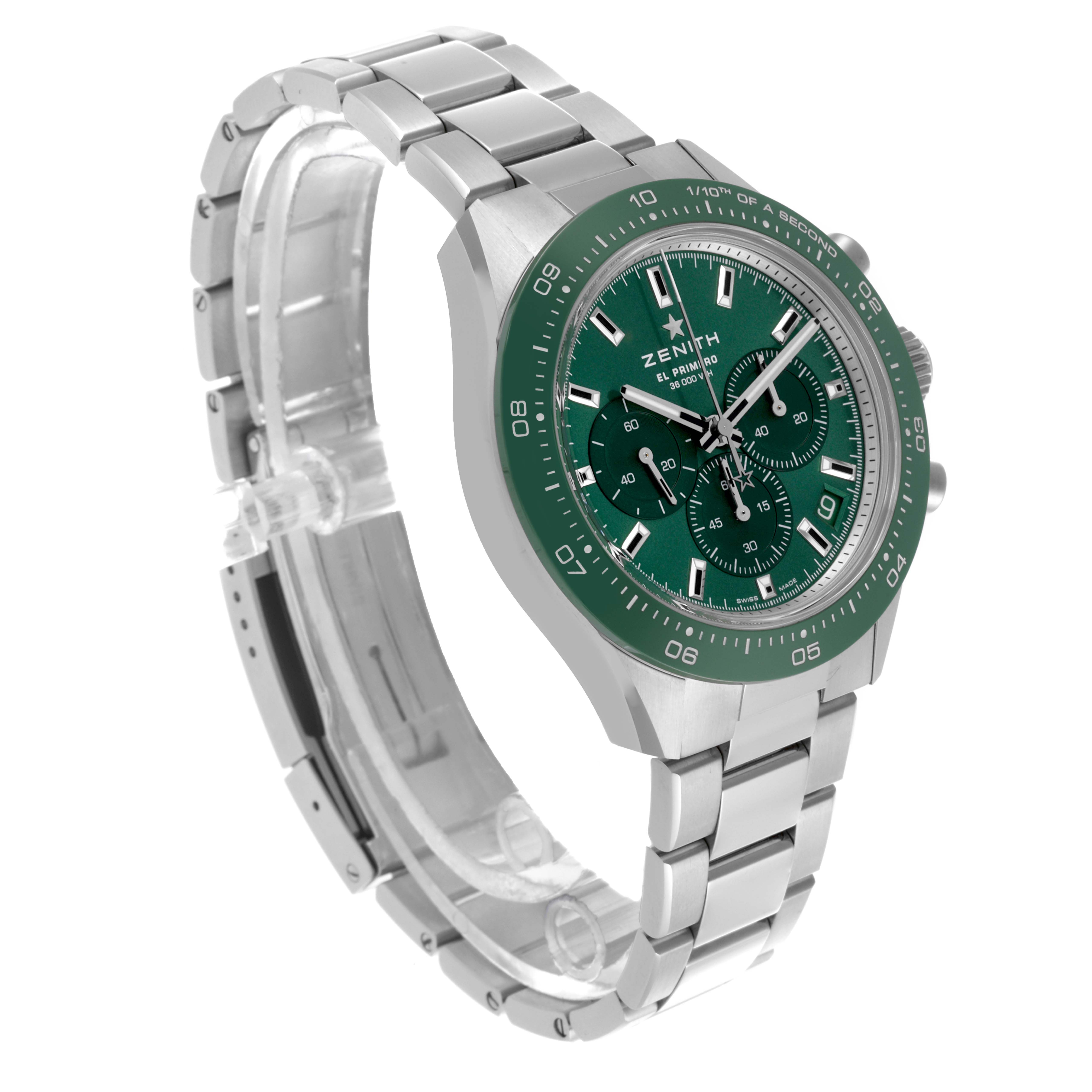The Zenith Chronomaster 03.3107.3600/56.M3100 Men
s Stainless Steel Green Dial 03.3107.3600/56.M3100 Men
s Stainless Steel Green Dial watch is shown at a three-quarter angle, highlighting its green dial, bezel, and metal bracelet.