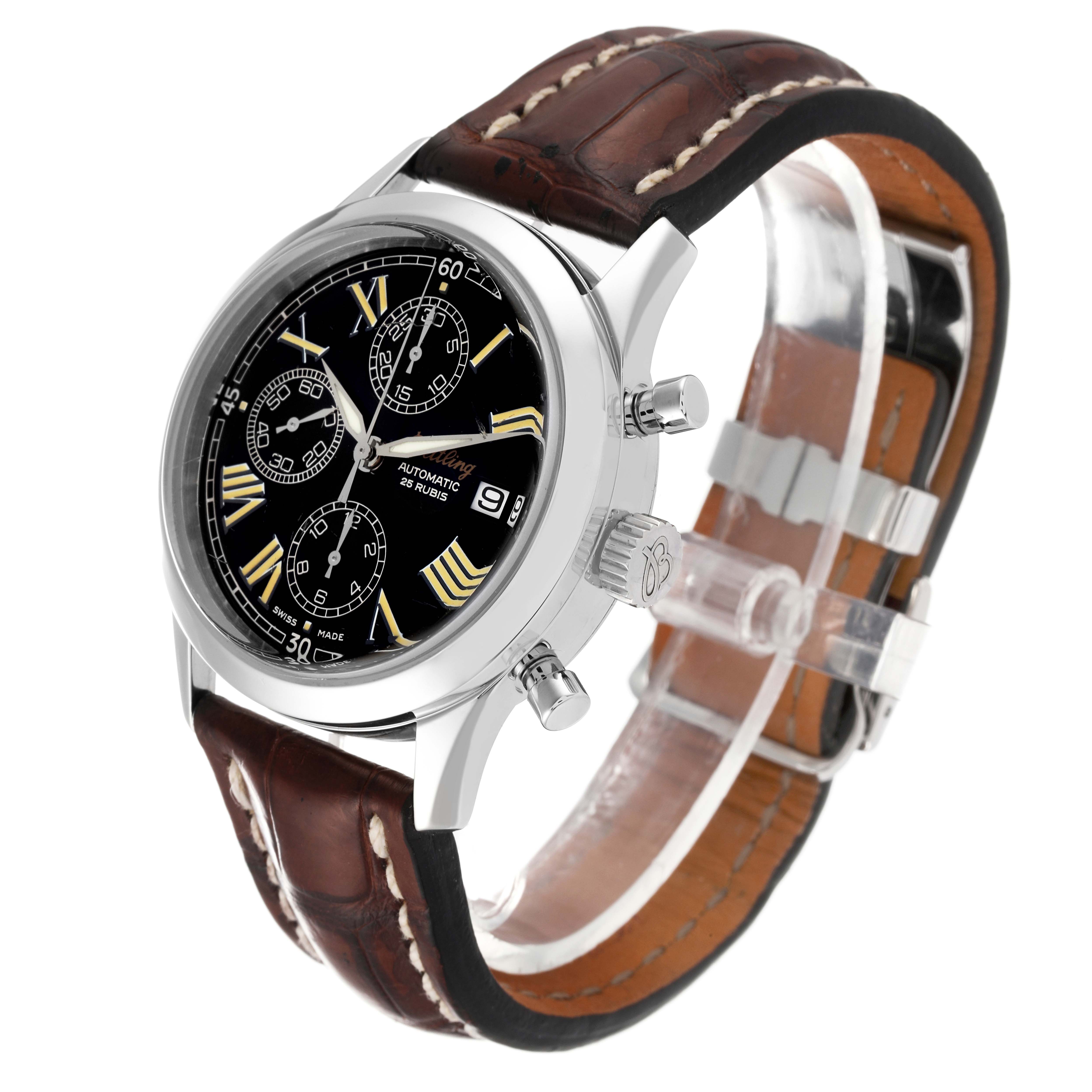 The watch in the image is a Breitling Premier A130241 Men's Stainless Steel Black Dial A130241 Men's Stainless Steel Black Dial model, shown from a three-quarter angle, highlighting the face, chronograph dials, crown, and leather strap.