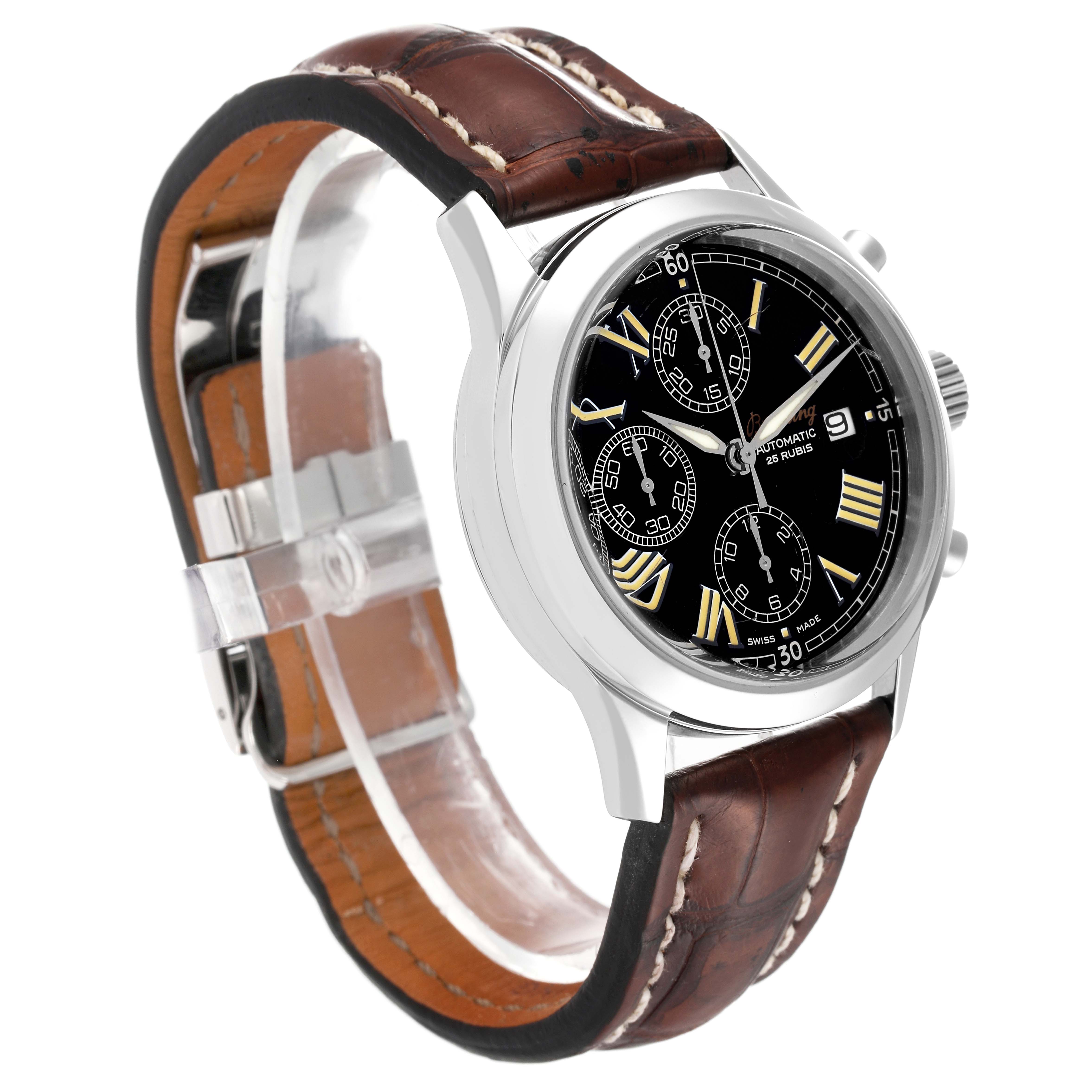 The Breitling Premier A130241 Men's Stainless Steel Black Dial A130241 Men's Stainless Steel Black Dial watch is shown at a three-quarter angle, highlighting its black dial, leather strap, and stainless steel case.